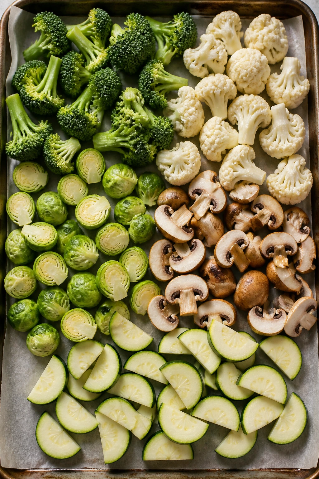 Raw prepped broccoli, cauliflower, Brussels sprouts, mushrooms, and zucchini on sheet pan