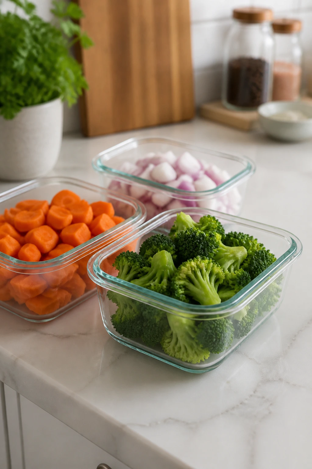 Glass containers with prepped vegetables on a kitchen counter