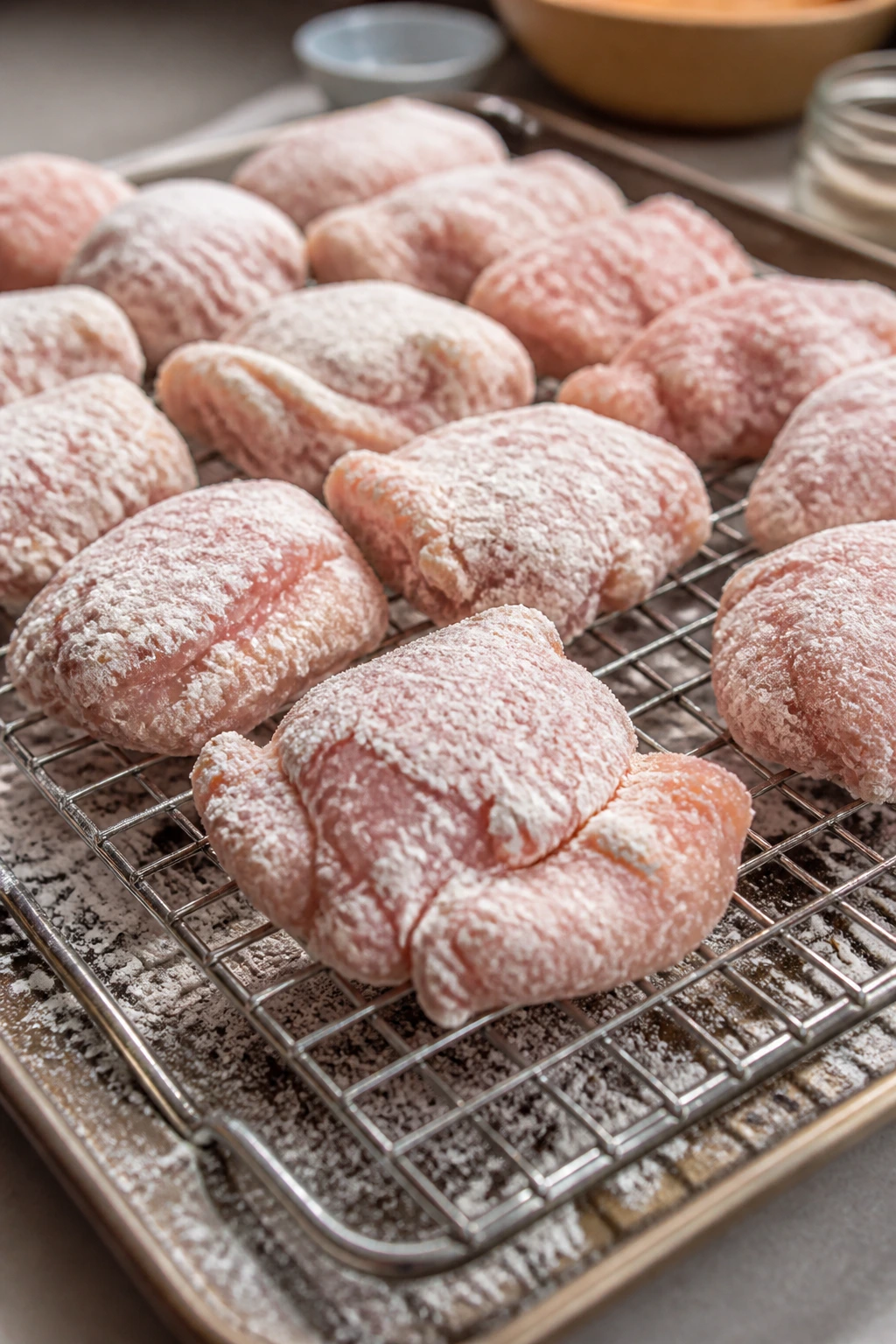 Uniform coated chicken pieces resting on a rack, ready for frying