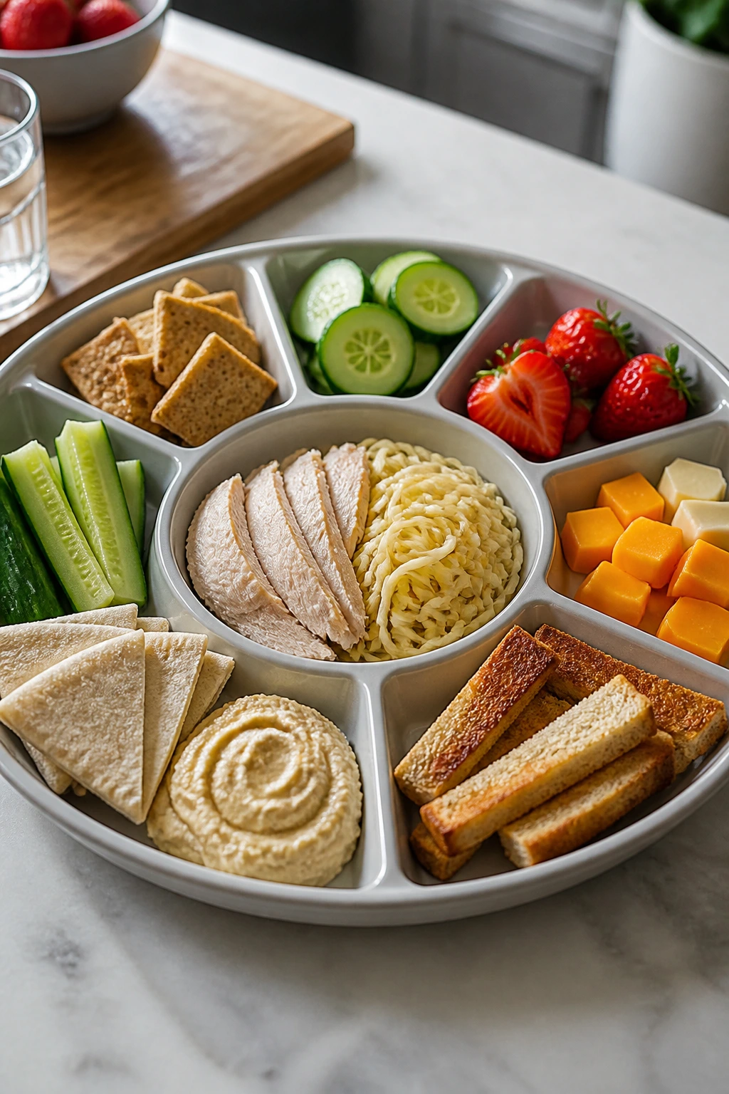 Close-up of a divided serving tray showing zoned kid-friendly foods for lunch