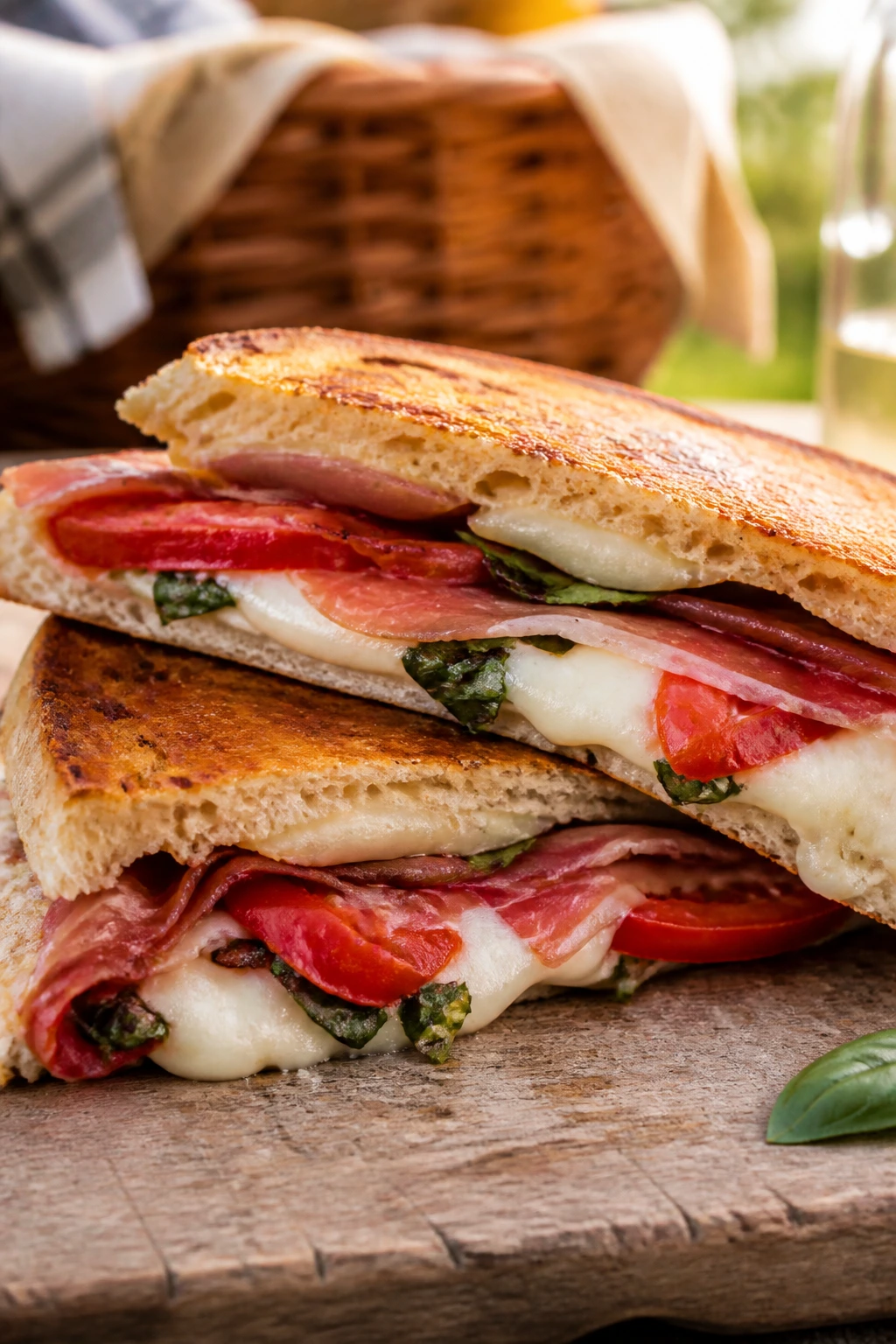 Close-up of a pressed mozzarella, tomato, and prosciutto sandwich on rustic wood, picnic-ready