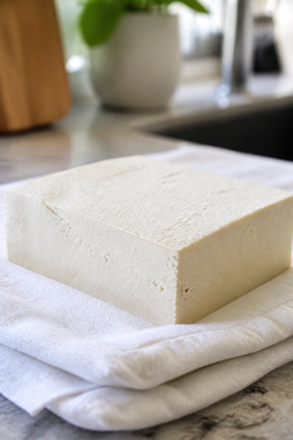 Pressed block of extra-firm tofu on a towel in a bright kitchen