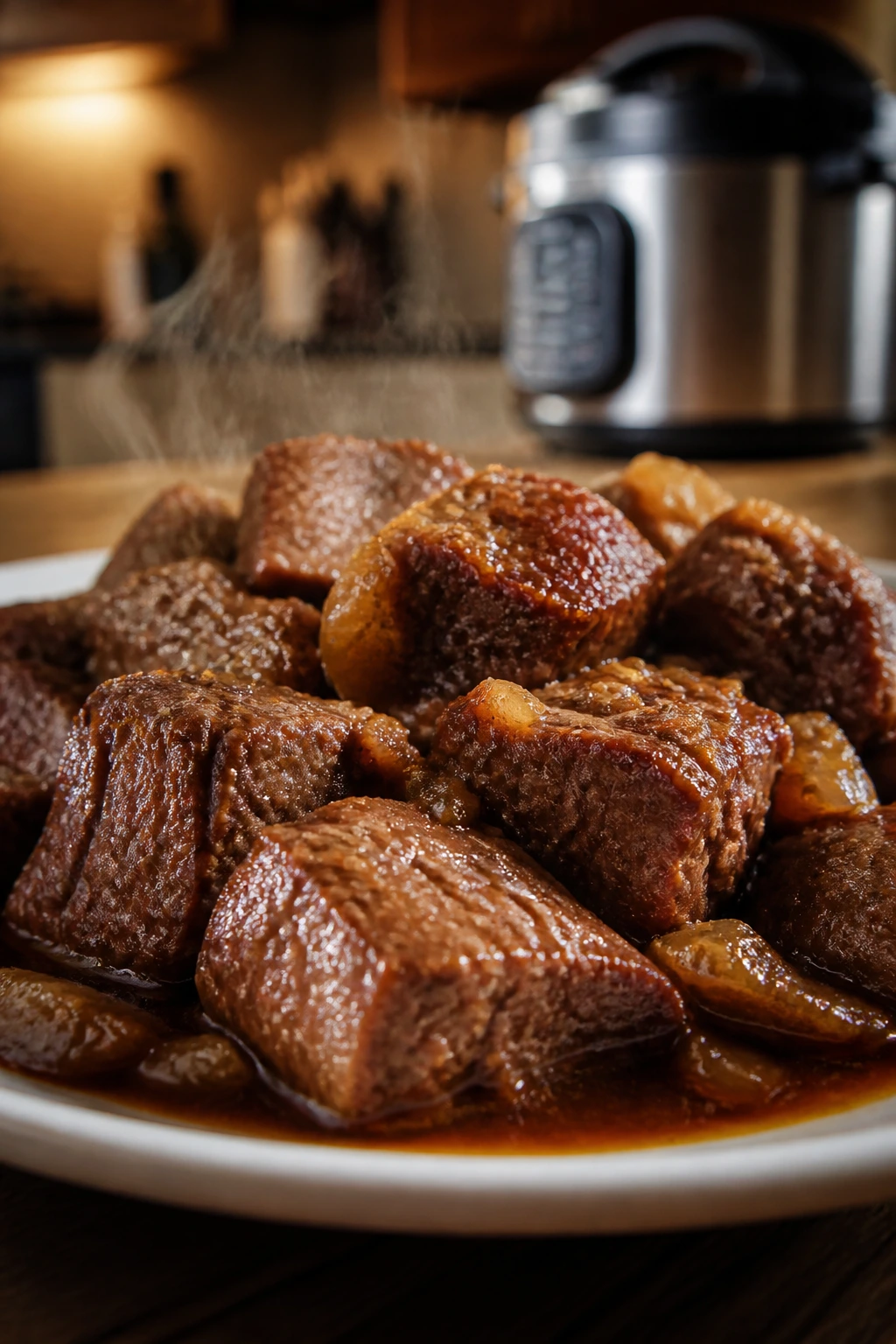 Close-up of tender pressure-cooked beef pieces with sauce and subtle steam
