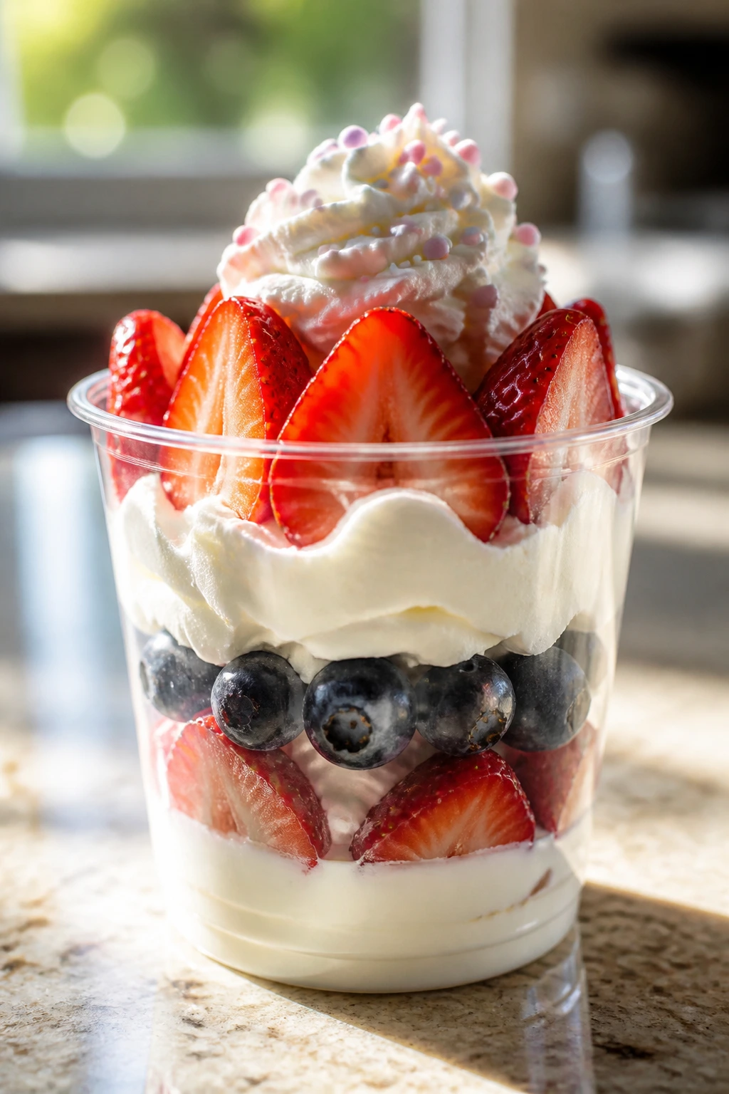 Close-up of a colorful layered dessert in a clear cup on a sunny kitchen counter