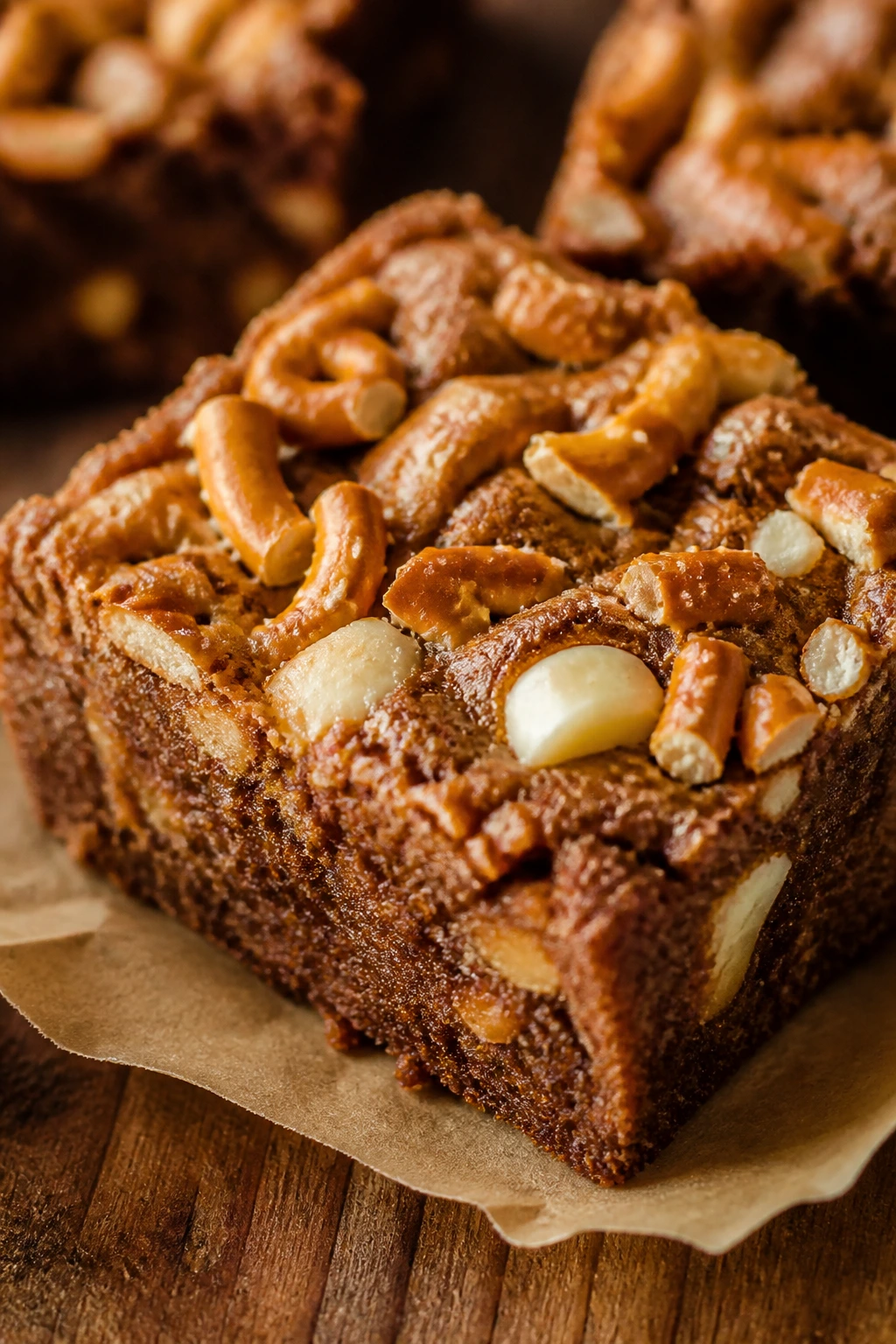 Close-up of Pretzel-Topped Apple Brownies with crushed pretzels on top