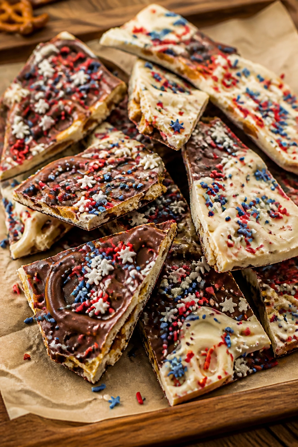 Close-up of pretzel bark with white and dark chocolate and sprinkles on parchment.