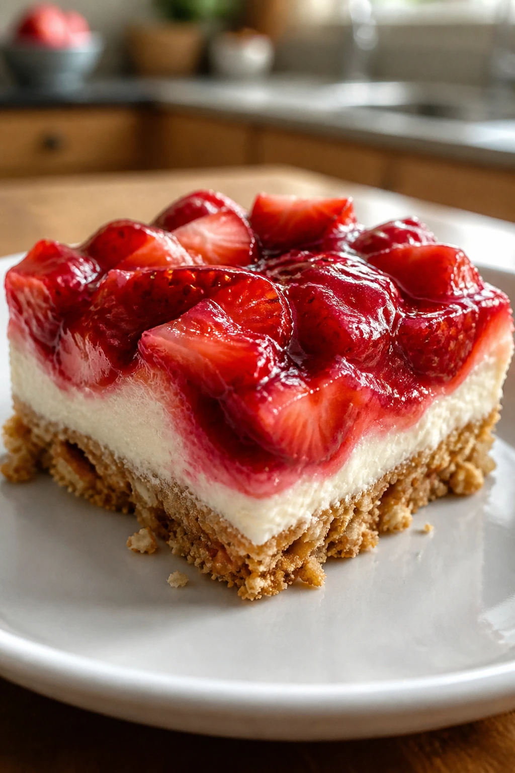 Strawberry pretzel bar showing crisp crust and glossy topping on plate