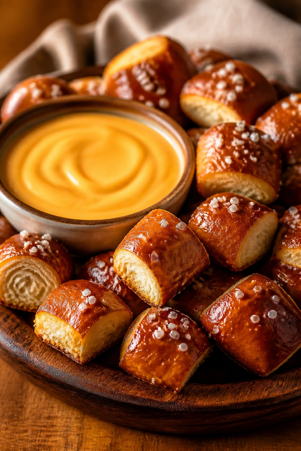 Close-up of soft pretzel bites with warm cheese dip on a wooden board