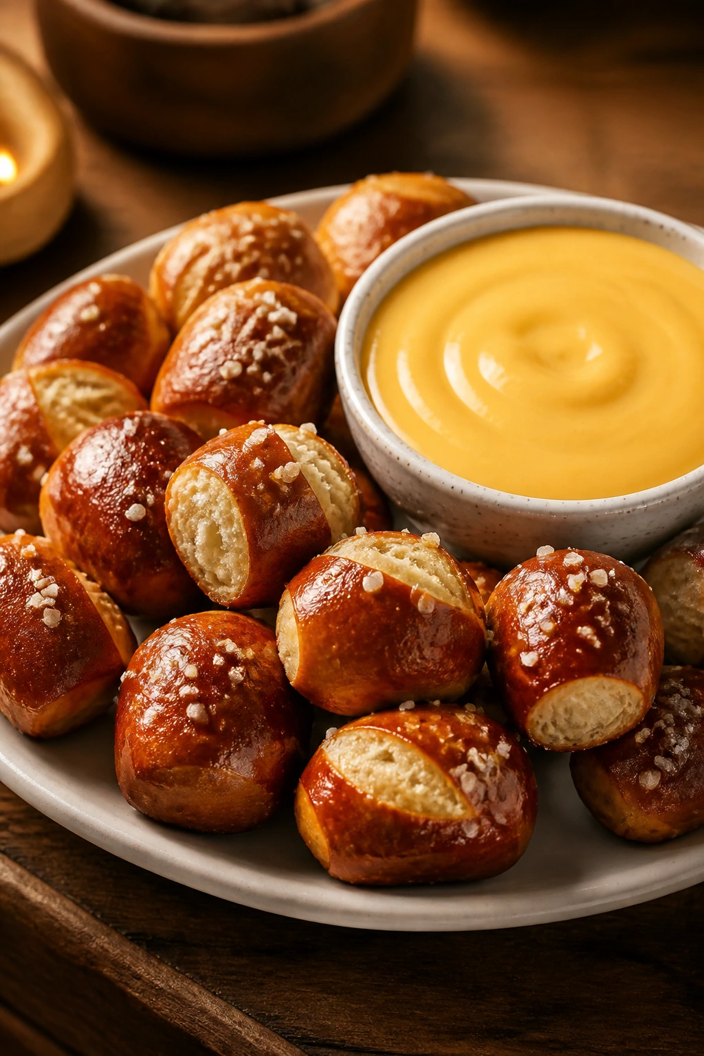 Pretzel bites with cheese dip on a plate