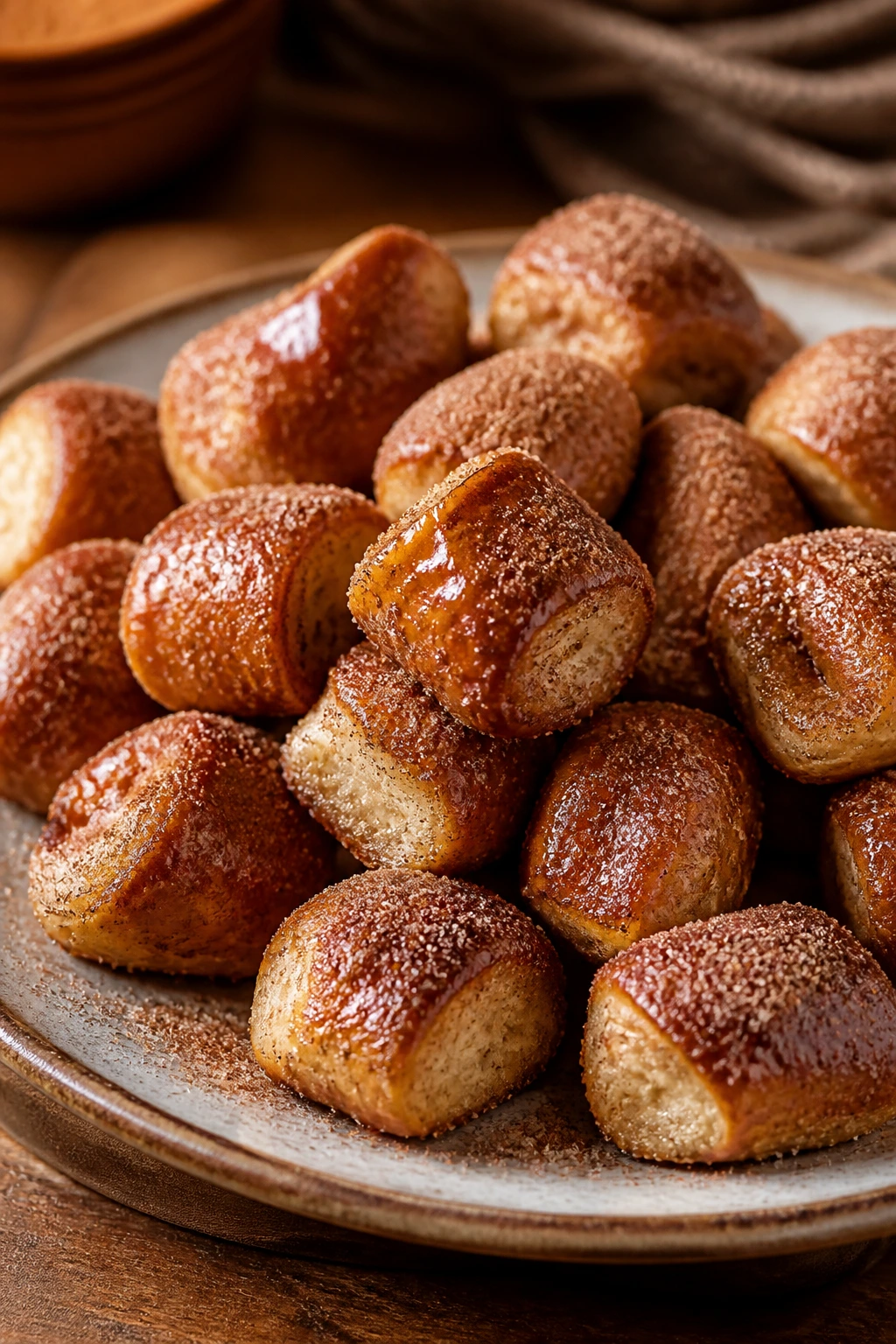 Close-up of cinnamon sugar pretzel bites on a rustic plate