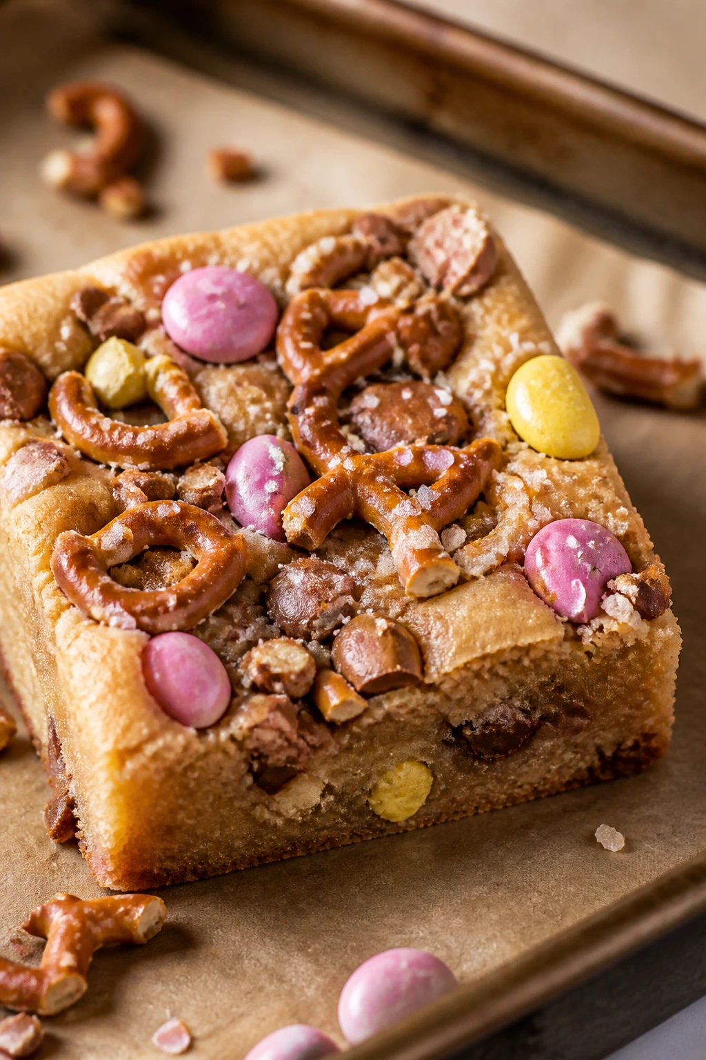 Blondie with pretzel pieces and candy bits close-up
