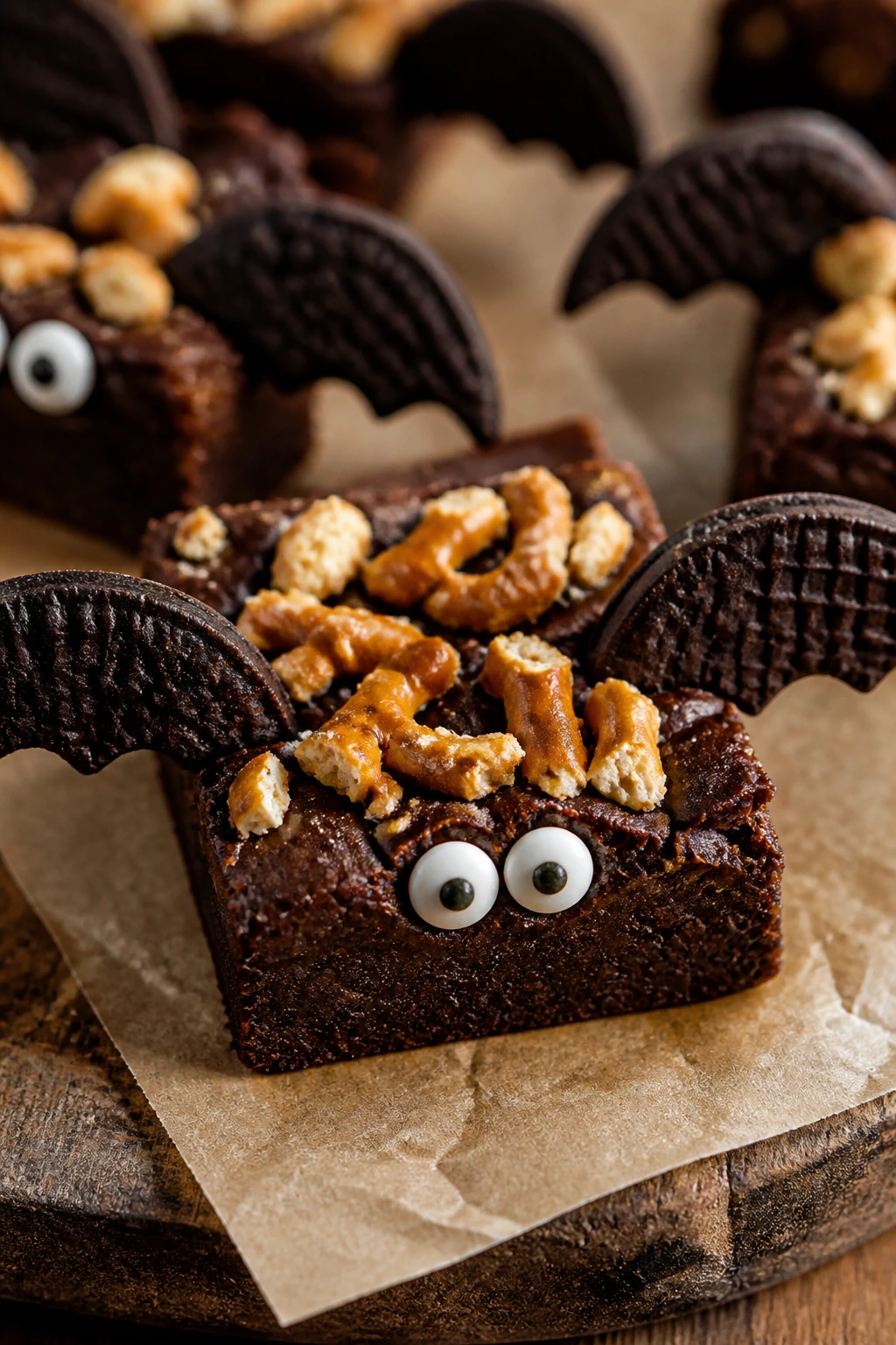 Close-up of a Pretzel Crunch Bat Brownie with crushed pretzels and wings