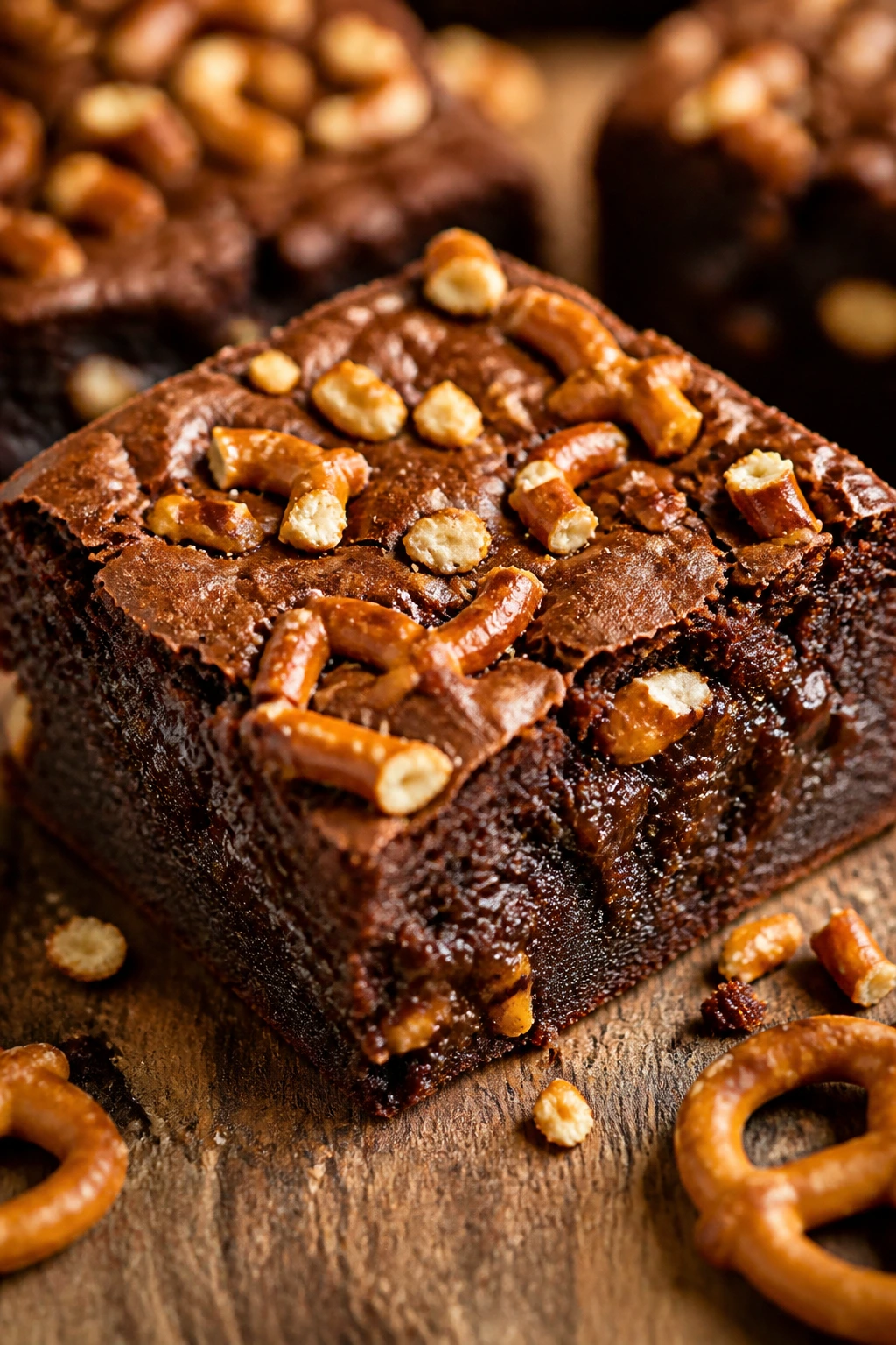 Close-up of a fudgy brownie topped with pretzel pieces on a rustic wooden counter