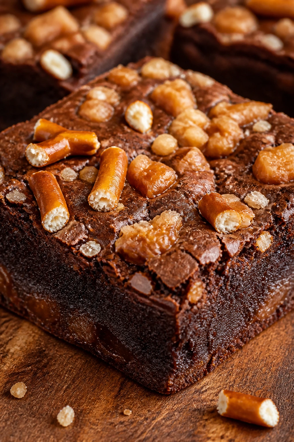 Close-up of a pretzel toffee brownie with crushed pretzels and toffee