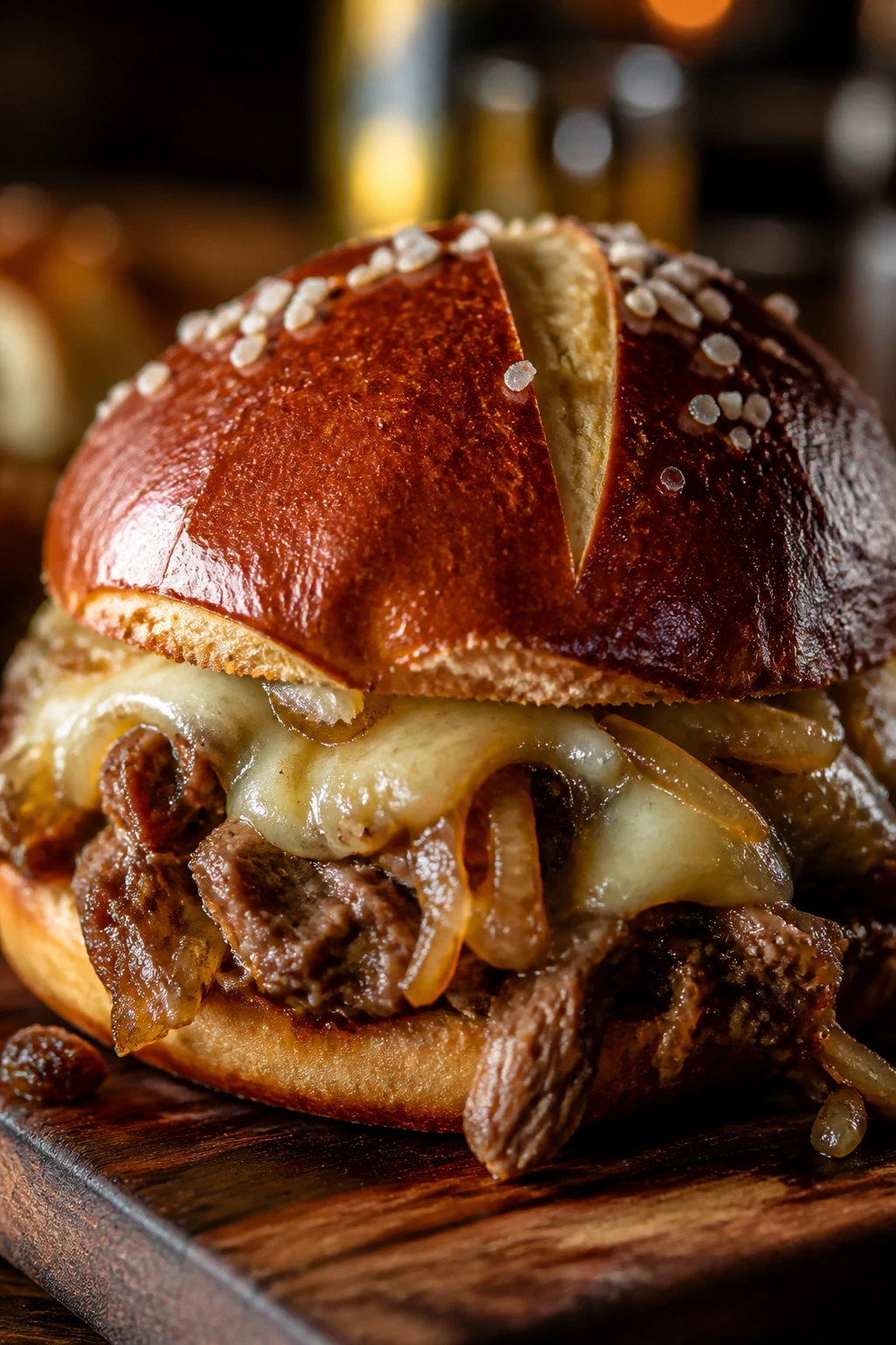 Pretzel bun slider with coarse salt