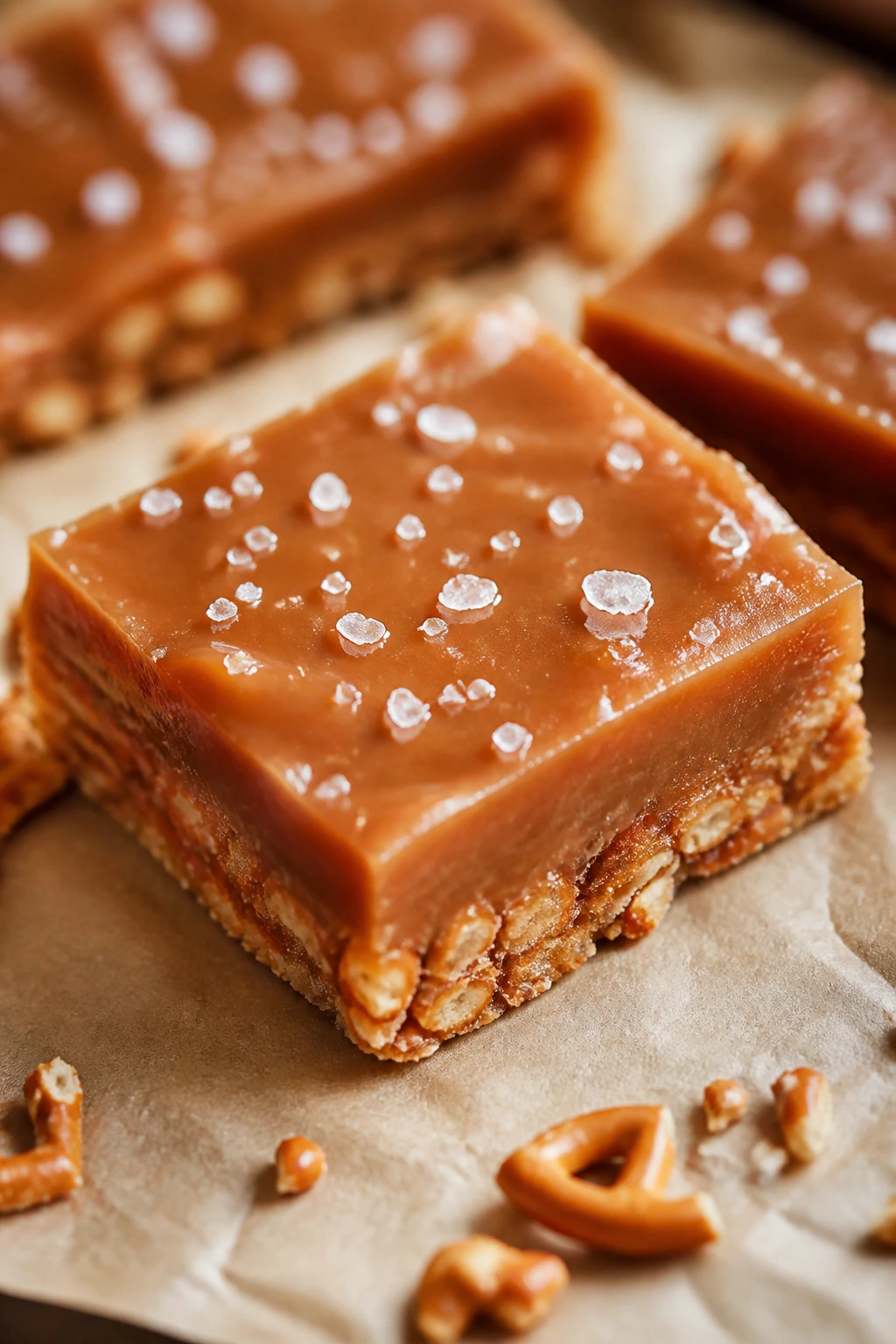 Close-up of salted pretzel caramel bar with pretzel crust and caramel.