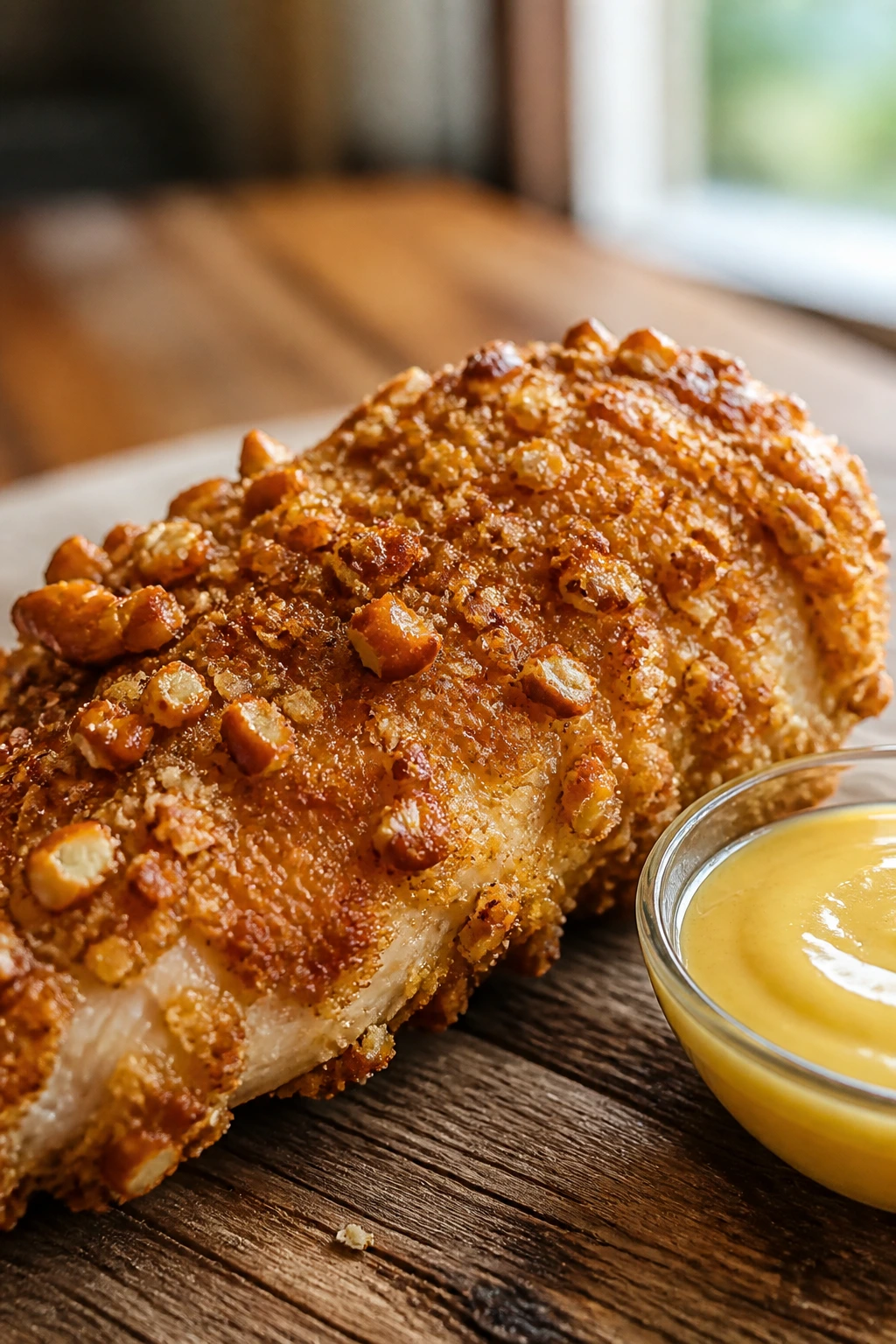 Close-up of crispy pretzel-crusted chicken tender with honey mustard on a wooden table