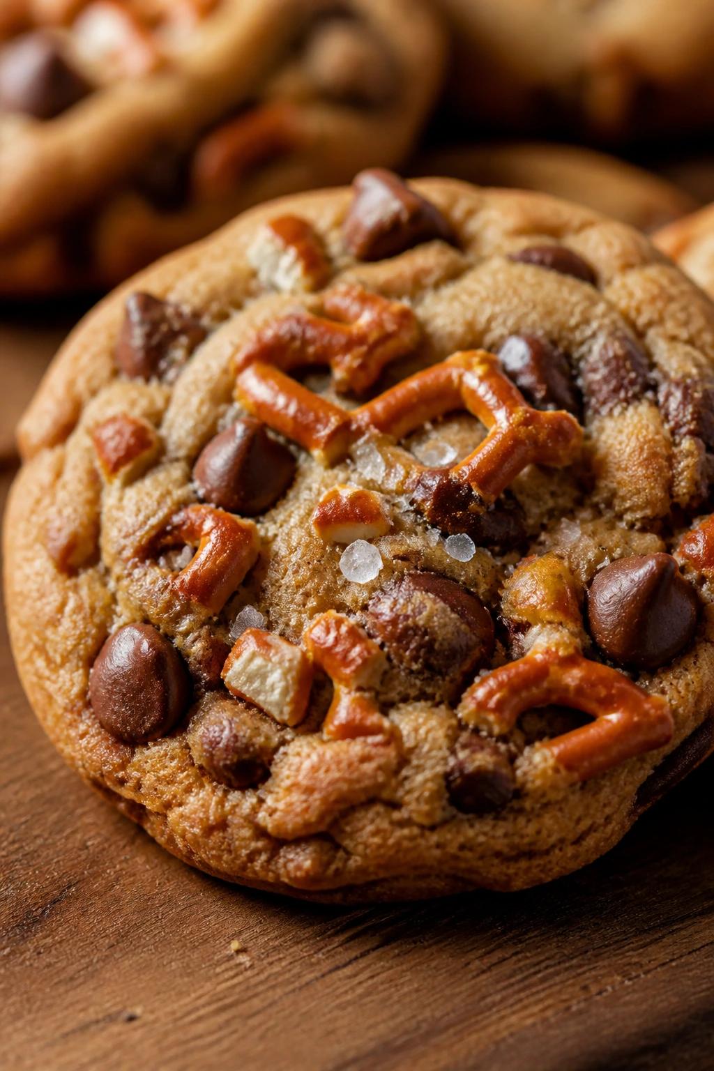 Close-up of salted pretzel chocolate chip cookie on wood surface