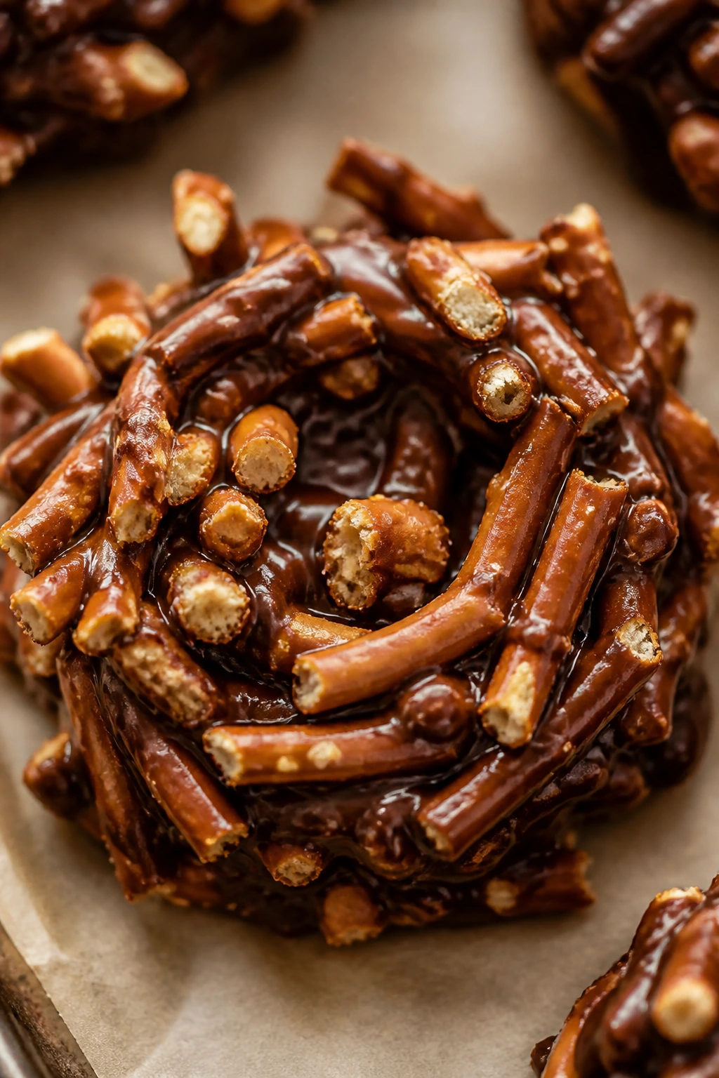 Close-up of pretzel chocolate nest cookie on parchment