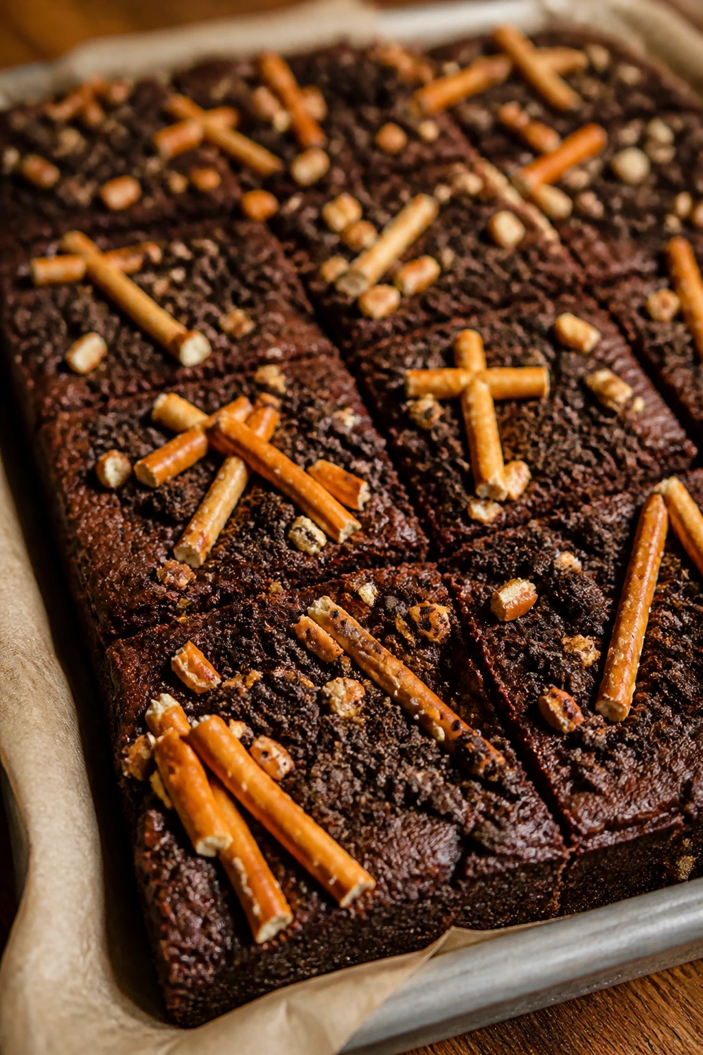 Brownies with broken pretzel sticks and cookie crumbs in a pan.