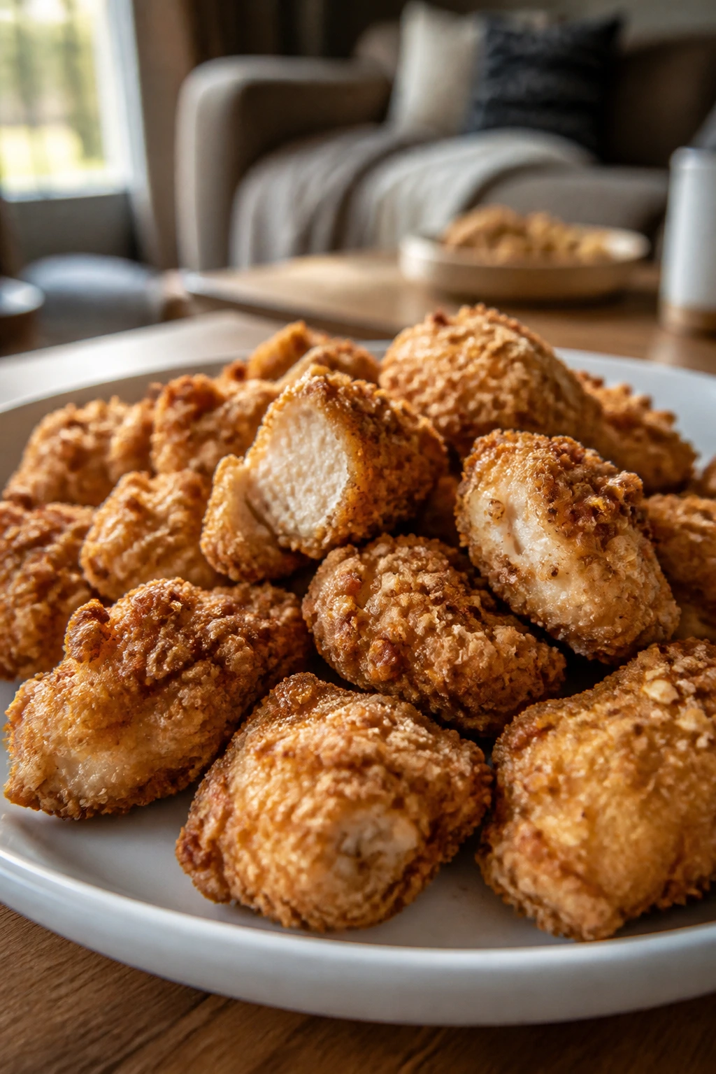 Close-up of pretzel-crusted chicken bites on a plate for movie night
