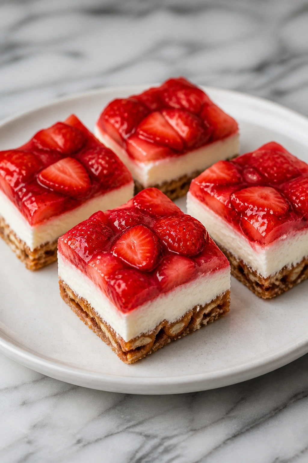 Strawberry pretzel dessert squares on plate