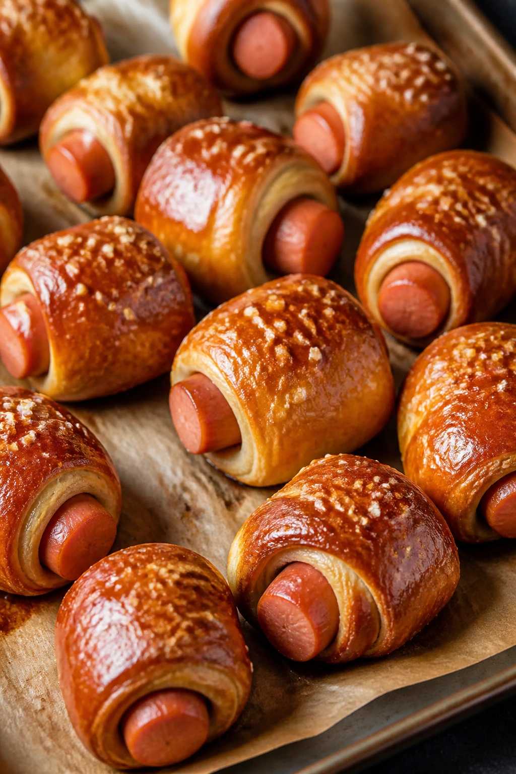 Close-up of pretzel dog bites on a baking sheet.