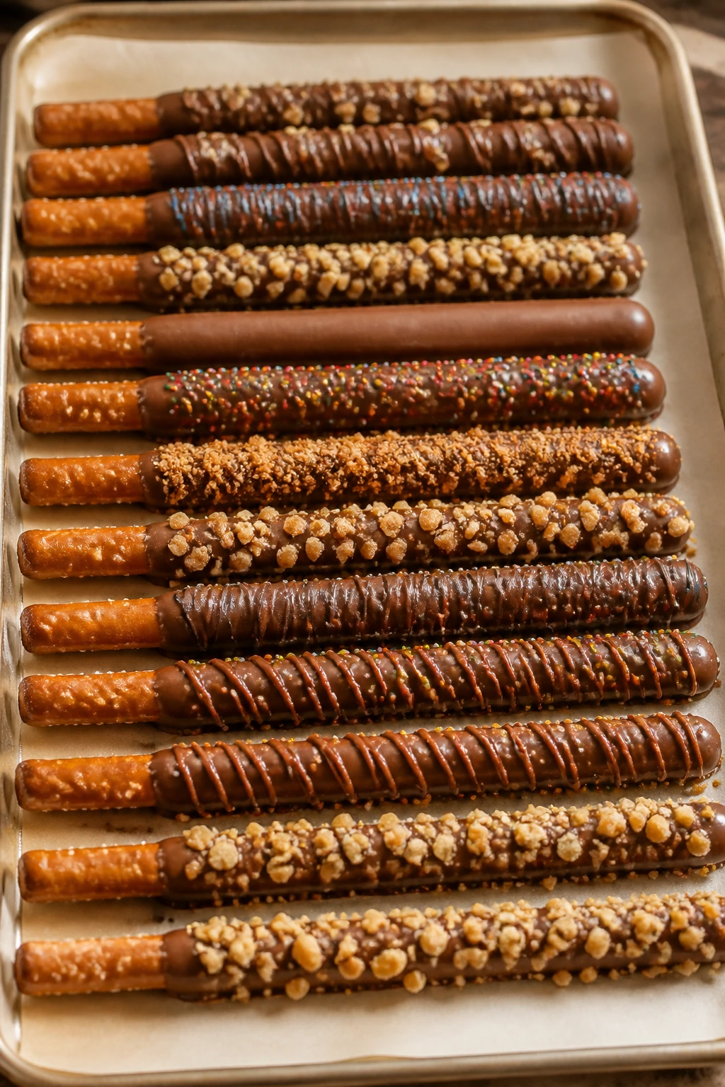 Close-up of chocolate-coated pretzel rods on parchment on a countertop