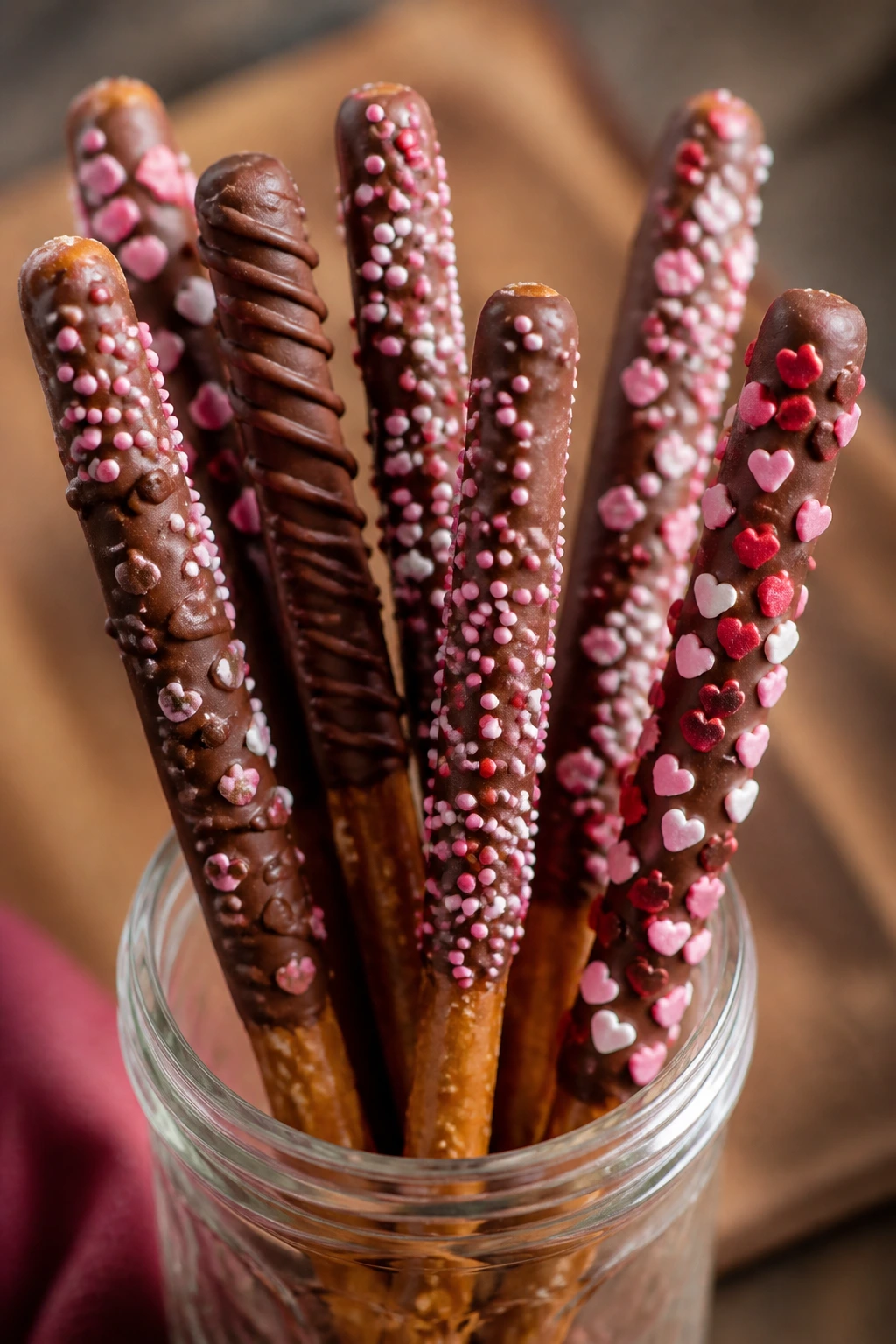 Chocolate-covered pretzel rods arranged upright in a jar