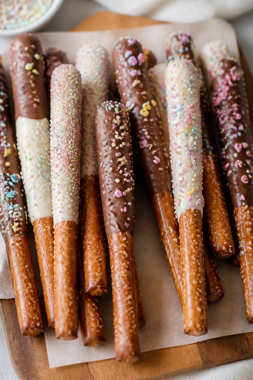 Close-up of chocolate-dipped pretzel rods with pastel sprinkles on parchment