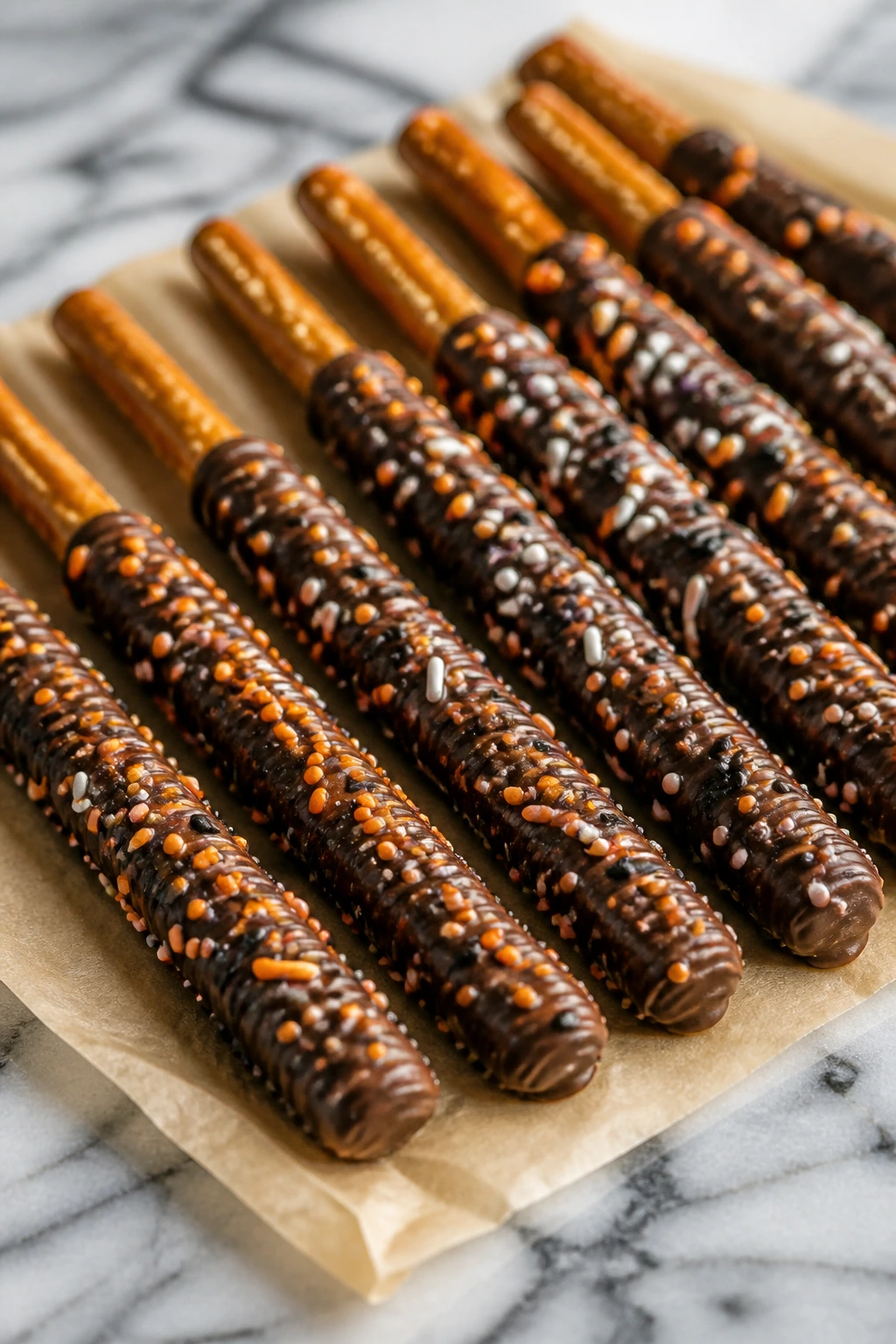 Chocolate-dipped pretzel rods with sprinkles on parchment