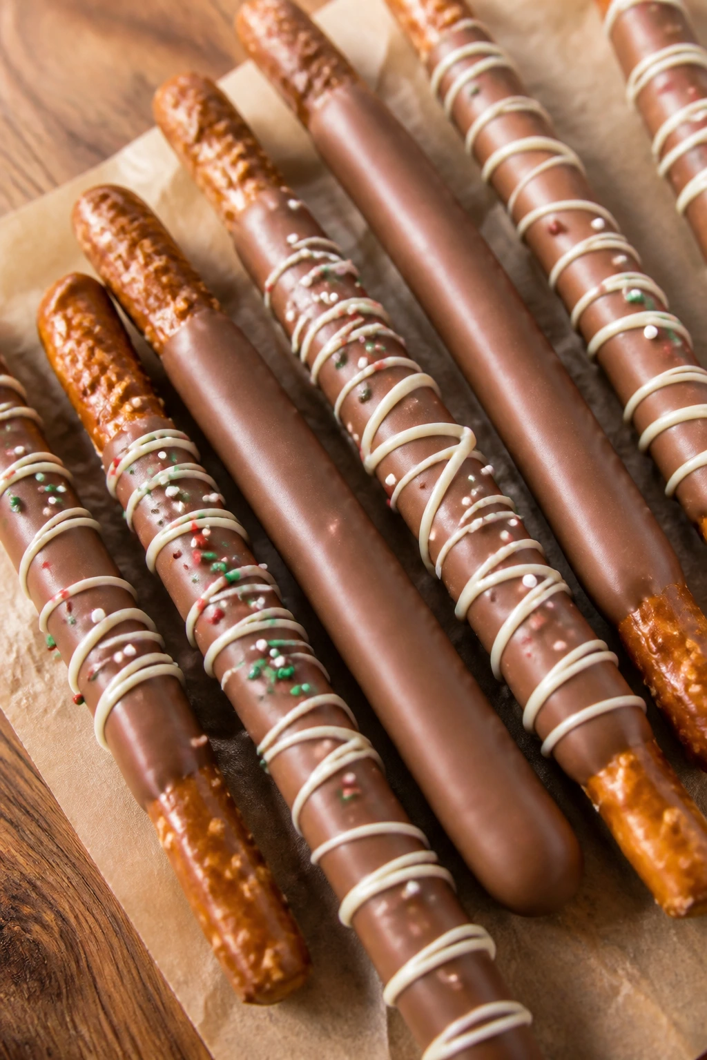 Close-up of chocolate-dipped pretzel rods on parchment in a kitchen