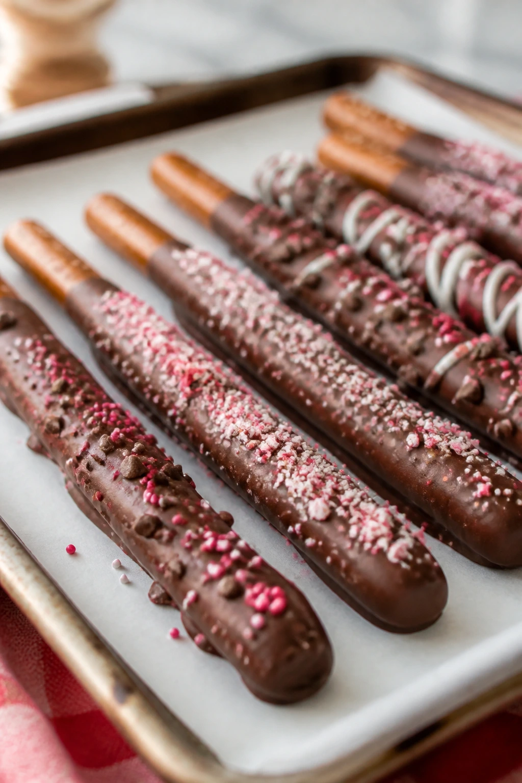Close-up of chocolate-covered pretzel rods with toppings