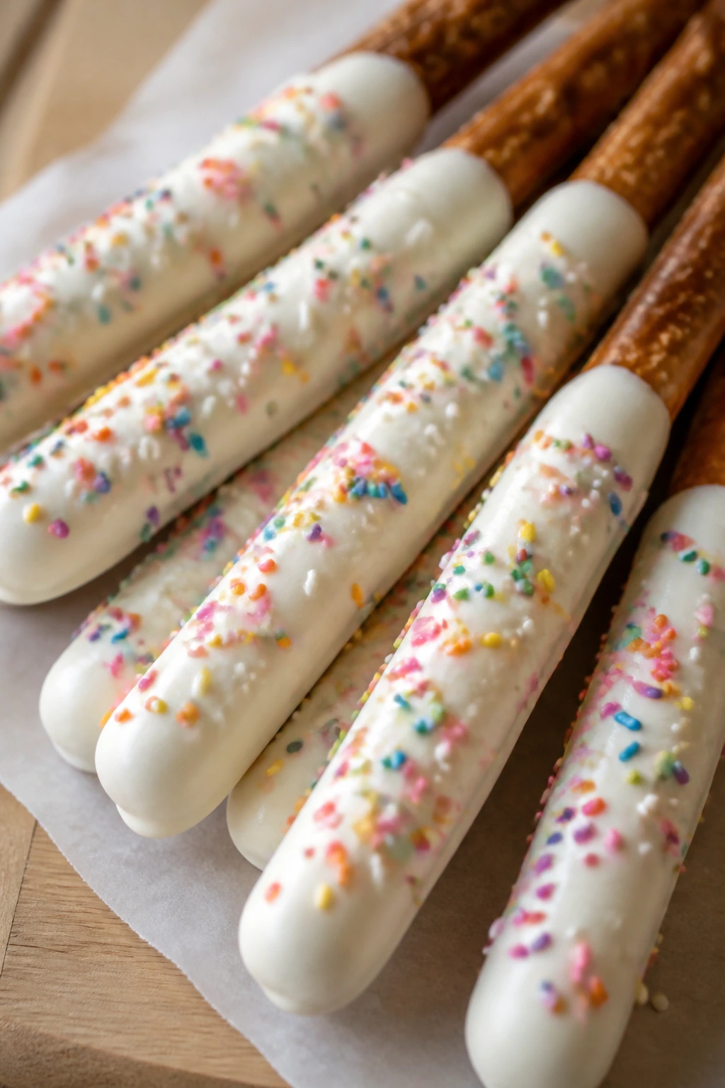 Close-up of yogurt-dipped pretzel rods with sprinkles on parchment in a bright kitchen