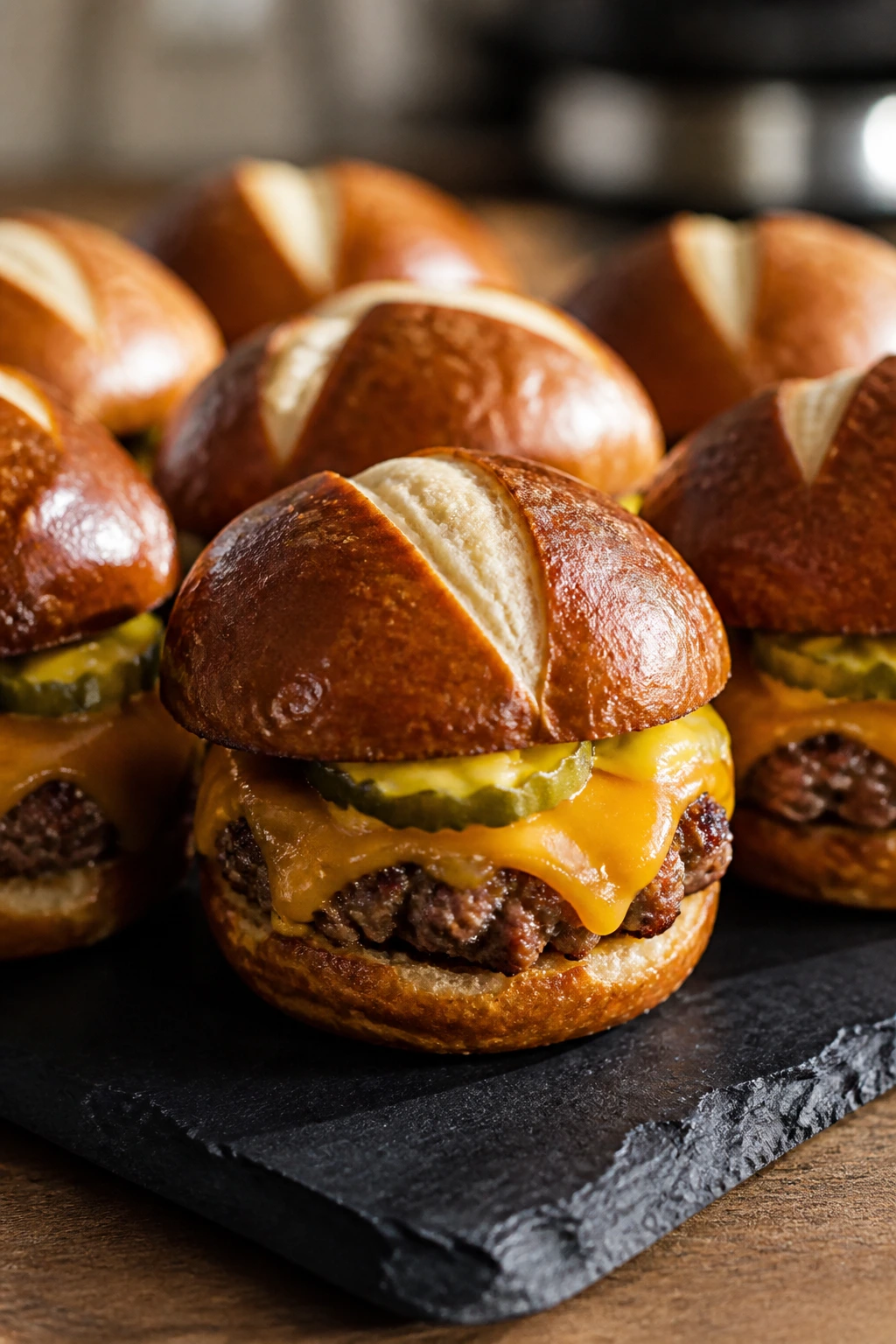 Pretzel bun sliders with cheddar cheese on a slate board