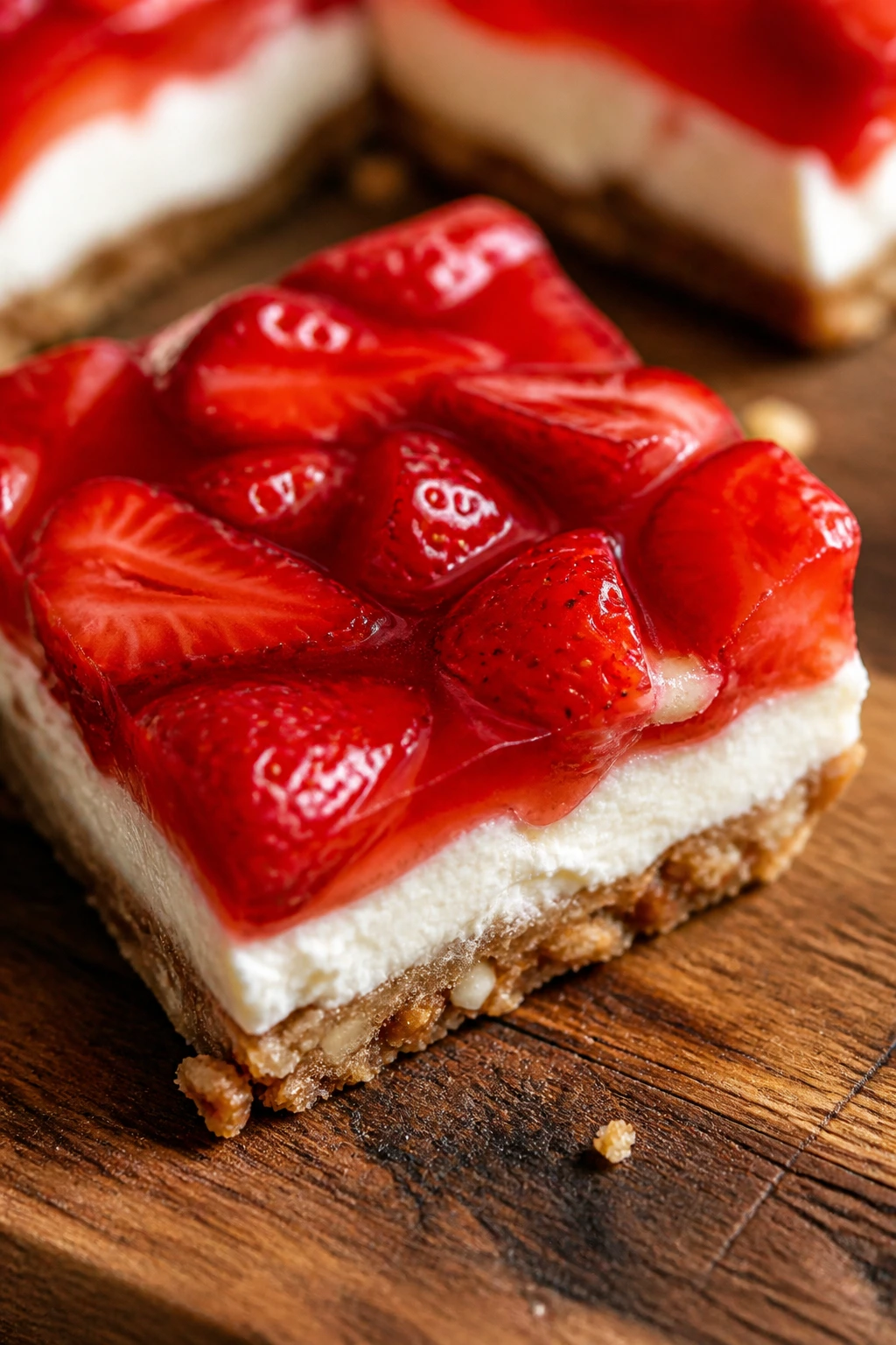 Strawberry pretzel bar with gelatin topping on wooden board