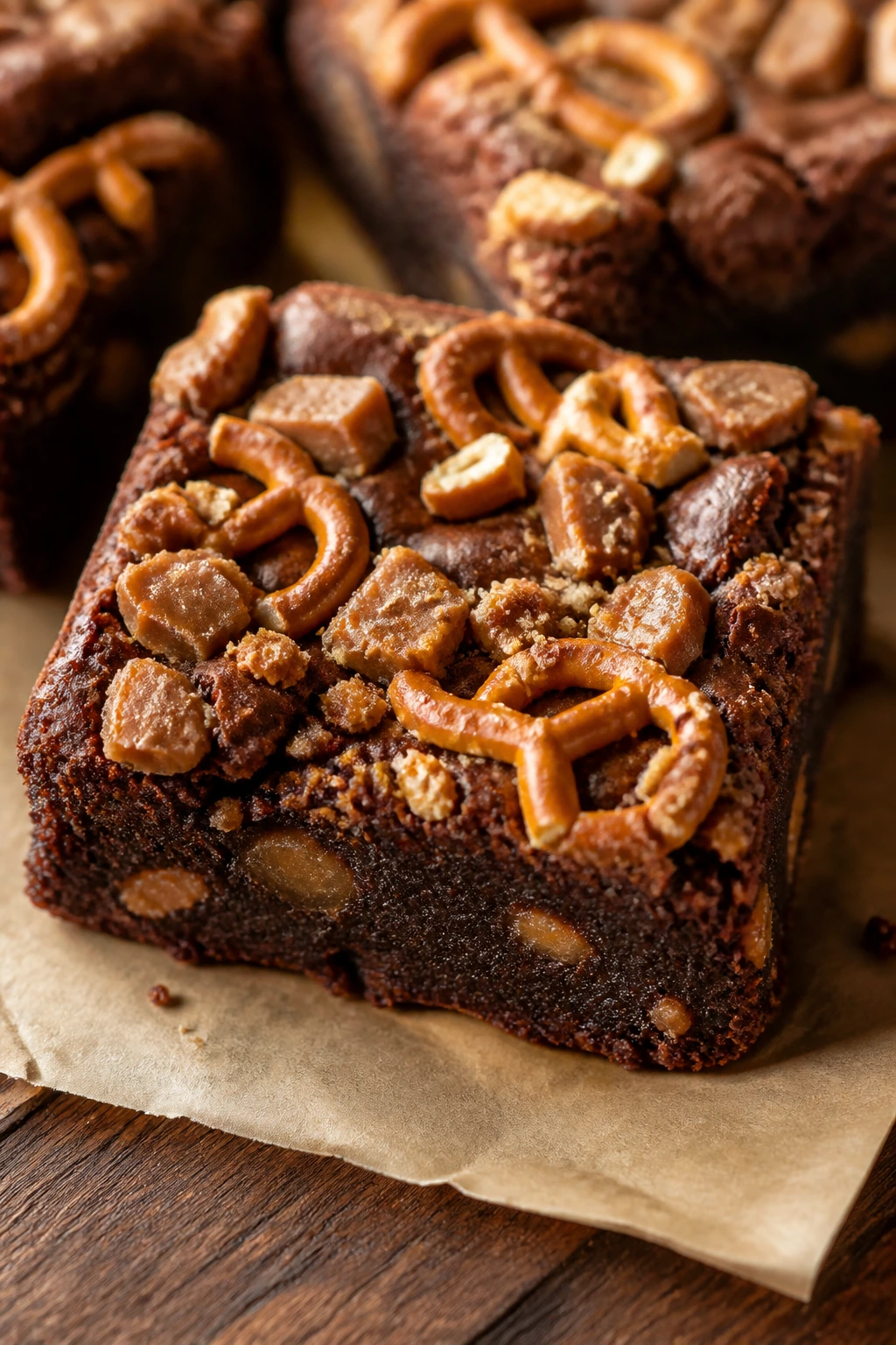 Close-up of Pretzel Toffee Brownies with pretzels and toffee bits on top.
