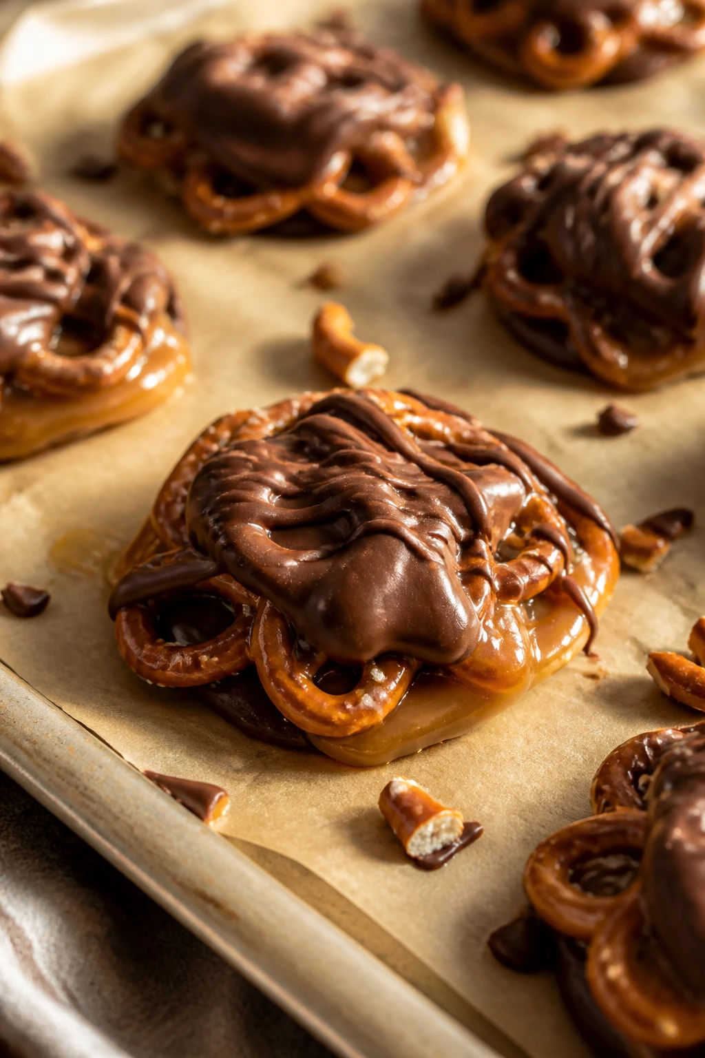 Close-up of pretzel toffee clusters on parchment