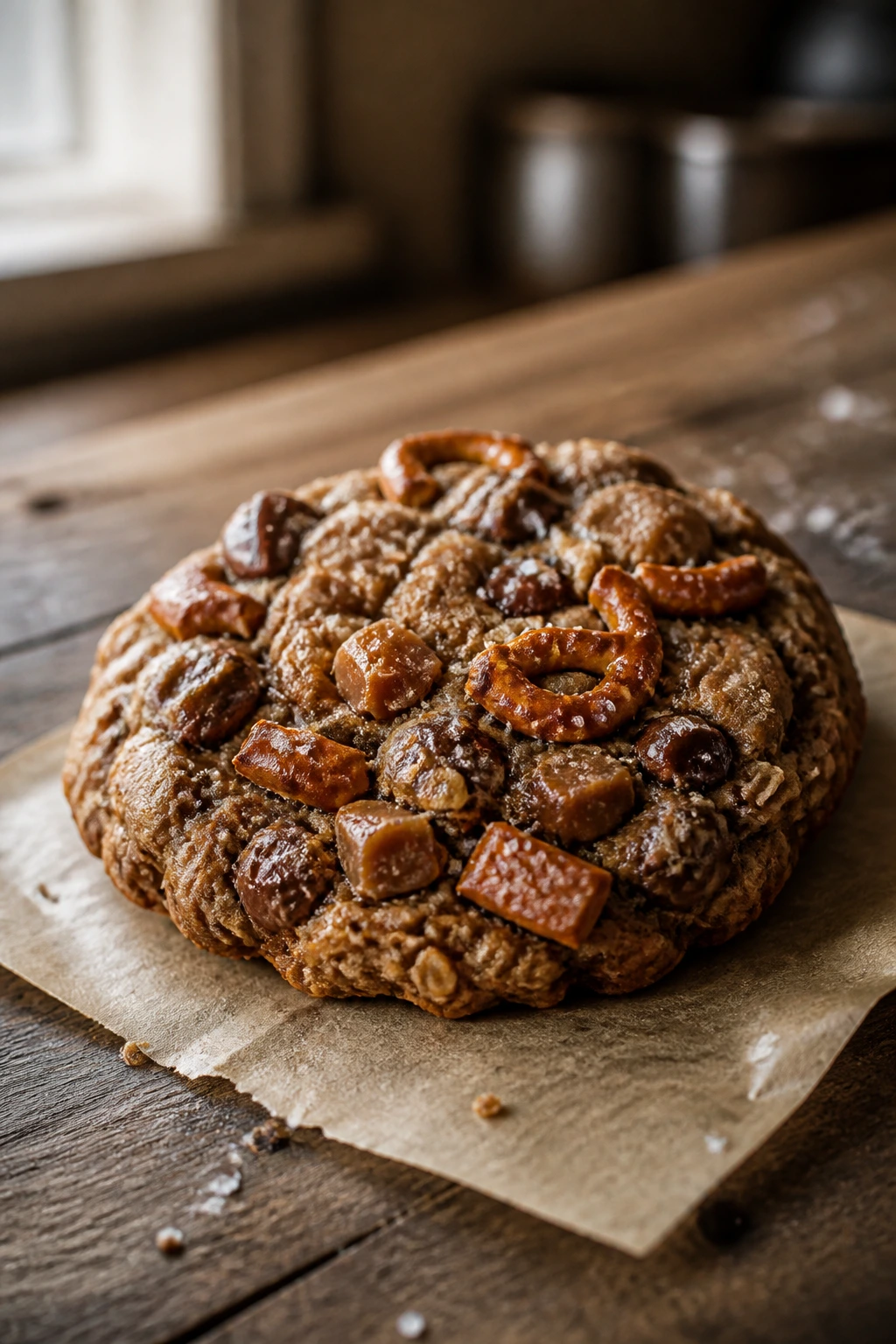 Close-up of a salted pretzel toffee oatmeal cookie with visible pretzel bits and toffee on parchment