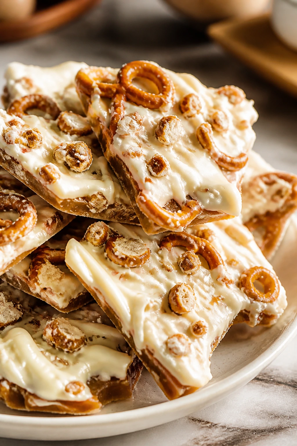 Jagged white chocolate pretzel toffee pieces on plate