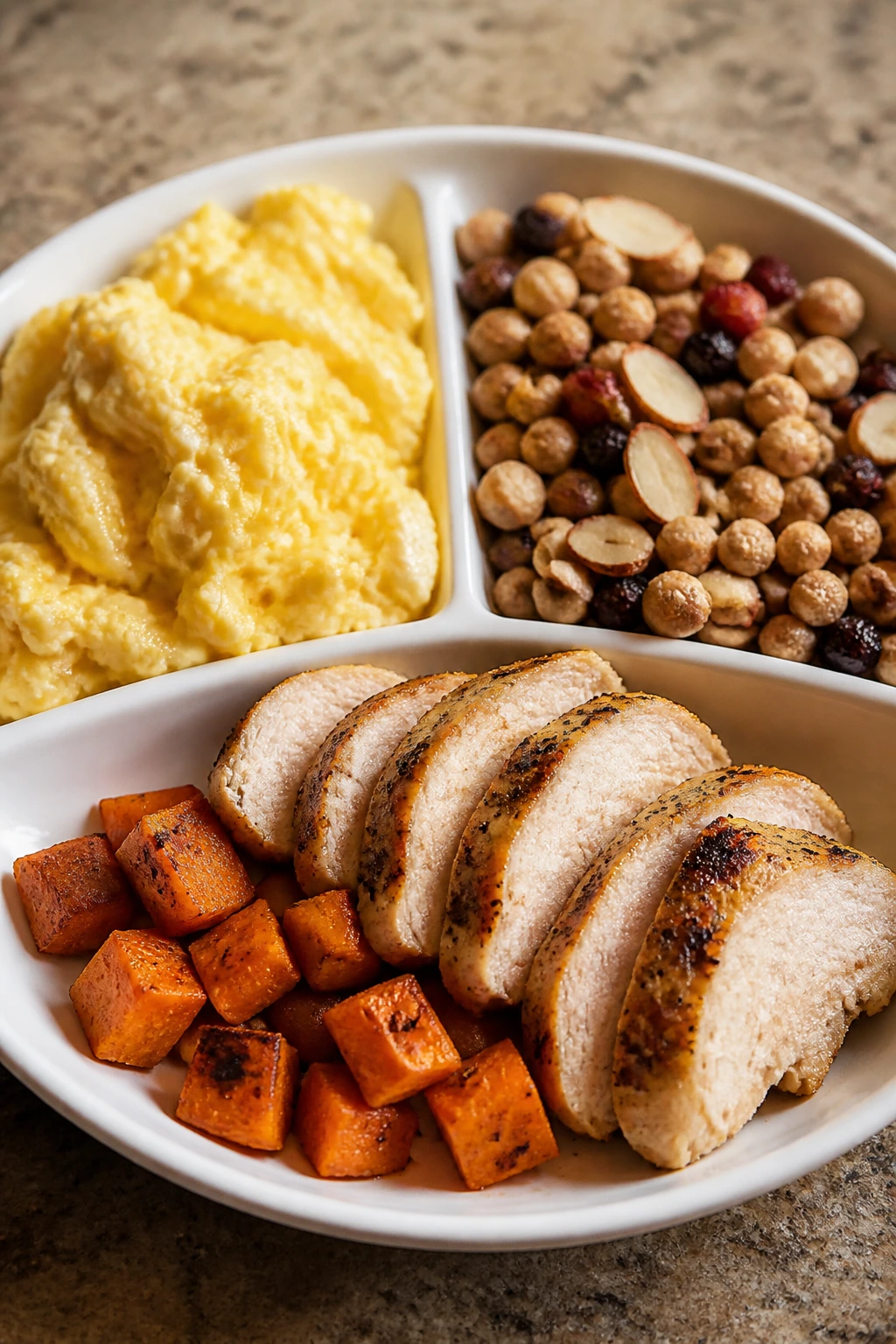 Plate showing soft texture, crunch, and savory pre-workout variations