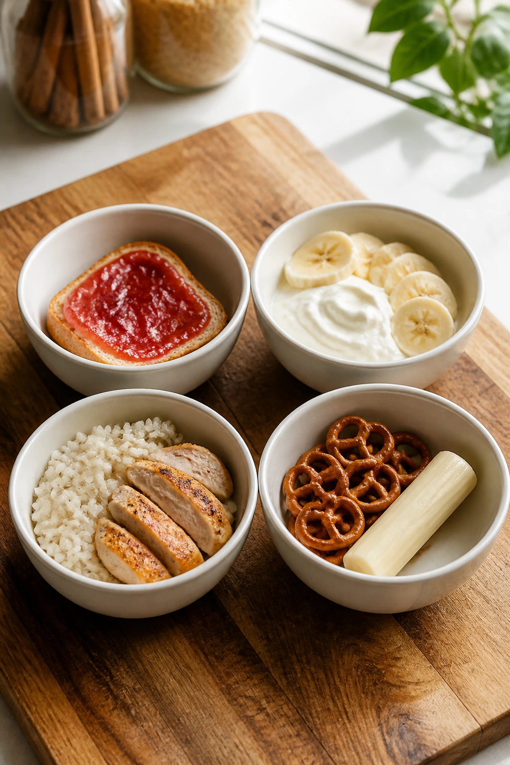 Close-up of a wooden board with four plates of repeatable pre-workout meals on a sunlit kitchen counter