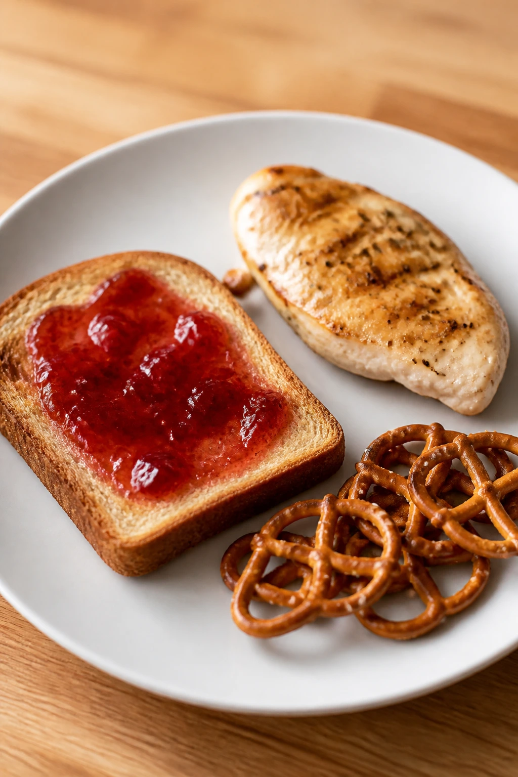 Close-up plate with a small, simple pre-workout menu including chicken, toast, and pretzels