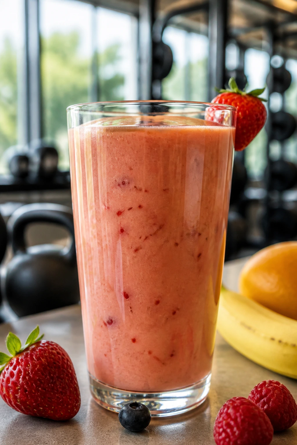 Close-up of a fueling smoothie in a glass on a gym-side kitchen counter
