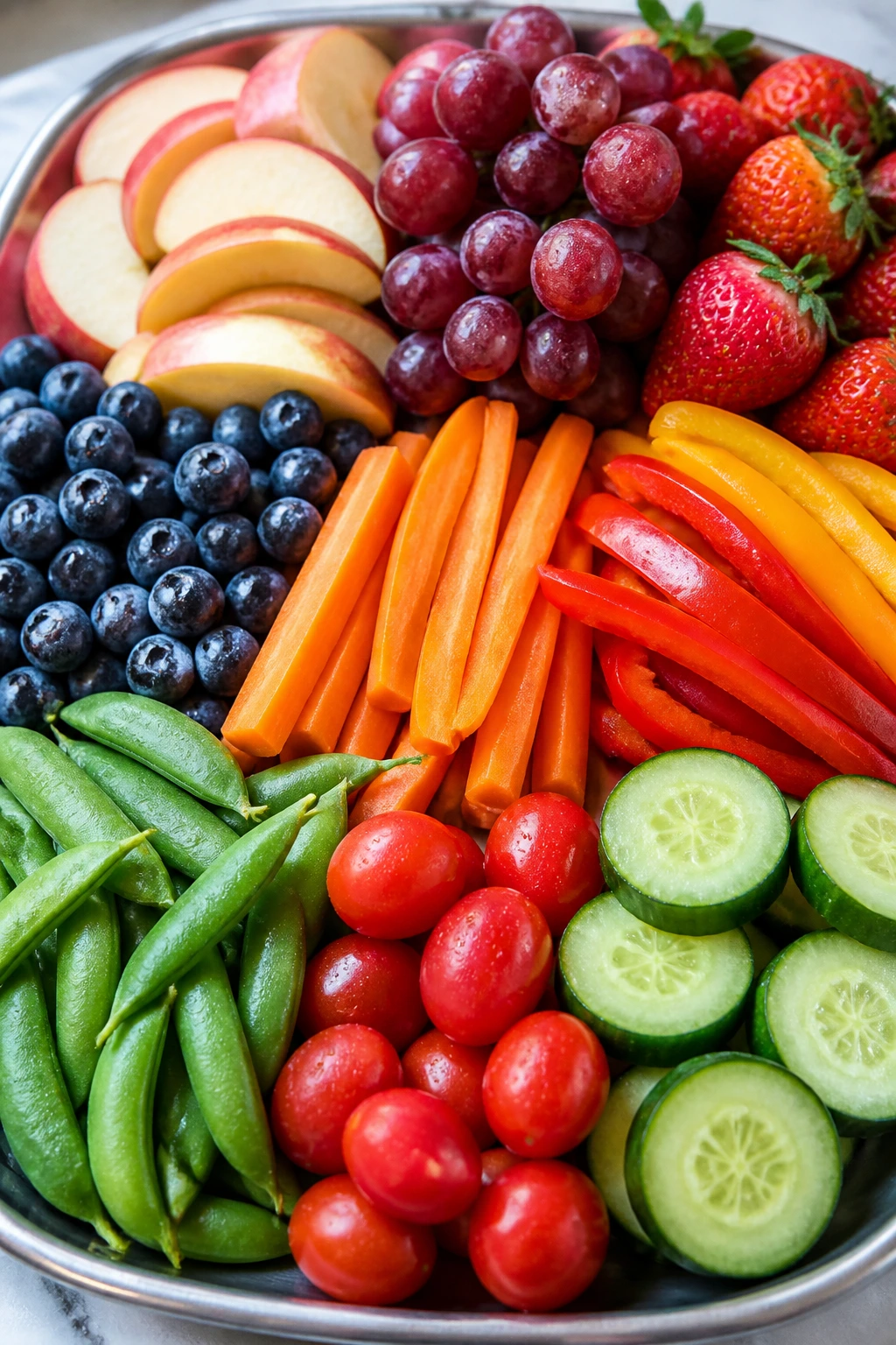 Neatly arranged crisp produce on a tray in a bright kitchen