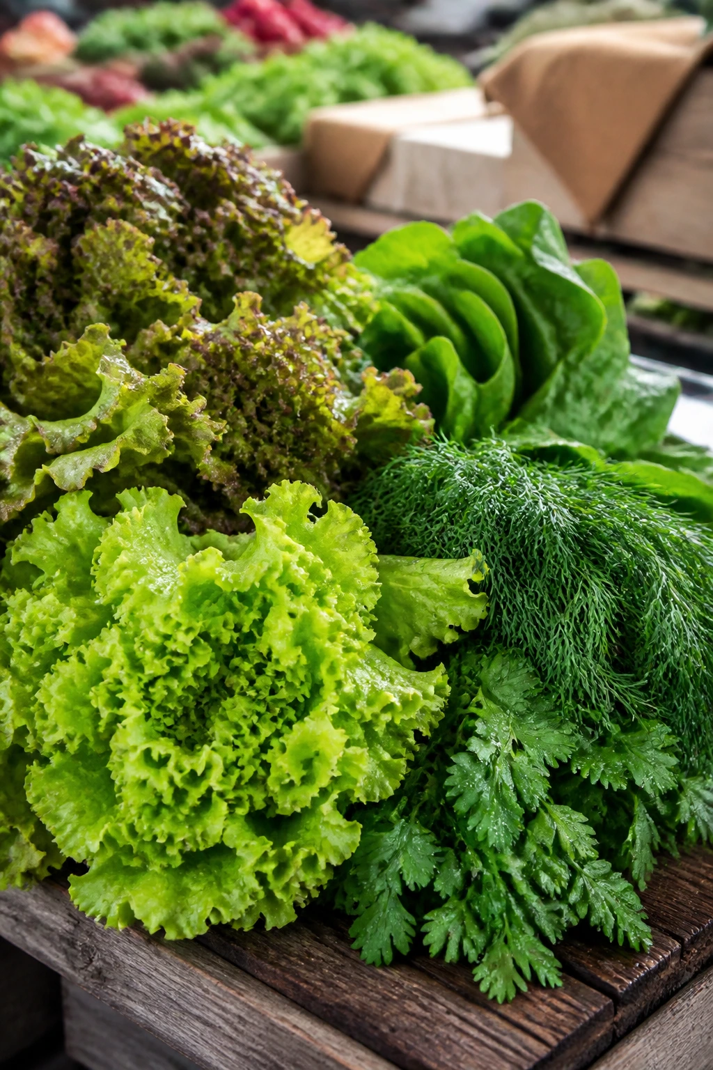 Close-up of crisp greens and herbs on market table