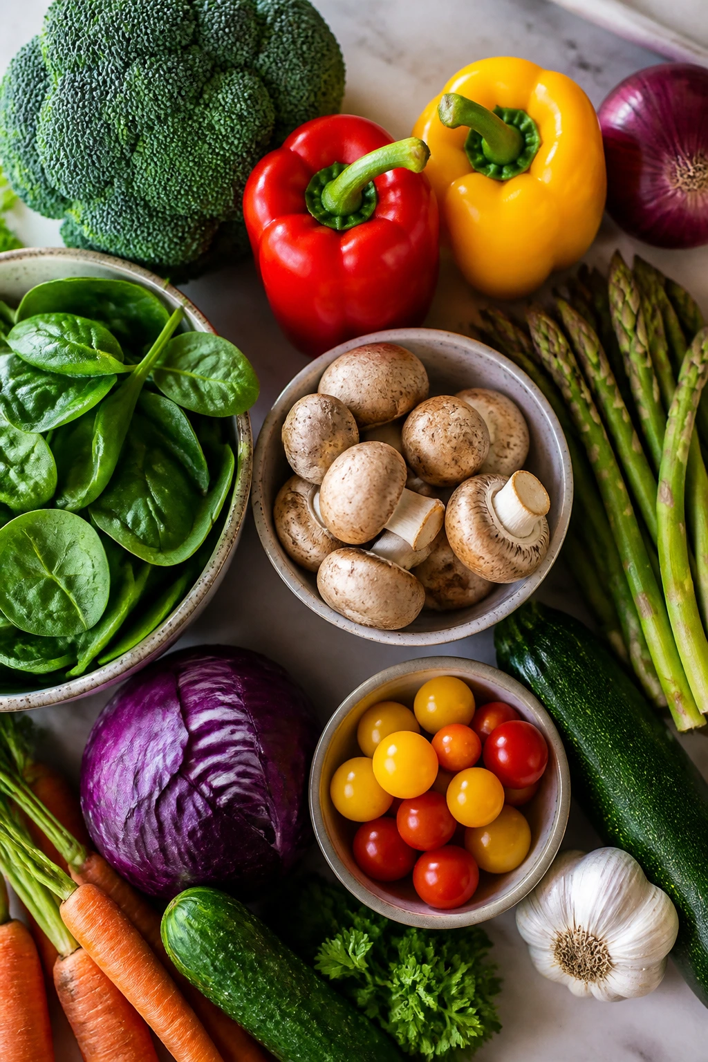 Colorful fresh produce for healthy weeknight dinners on kitchen counter
