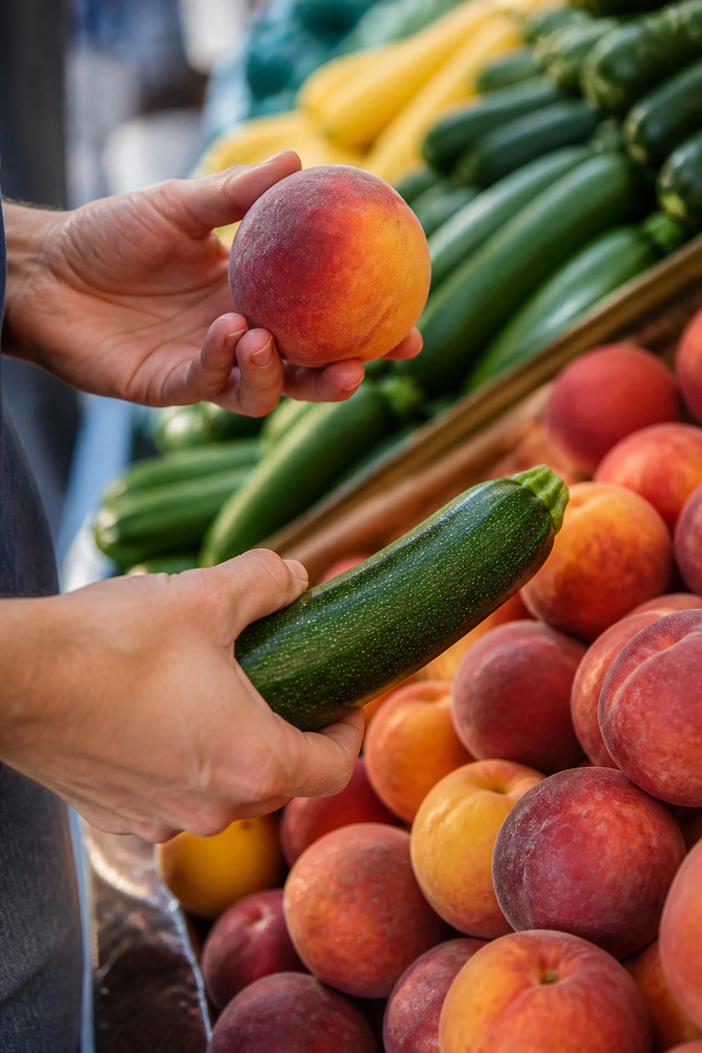 Hands selecting peaches and zucchini at a market