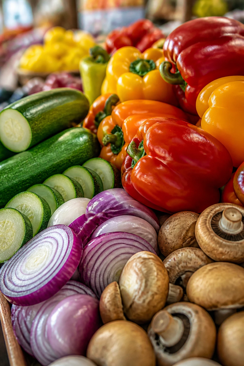 Fresh peppers, zucchini, onions, and mushrooms at a market display