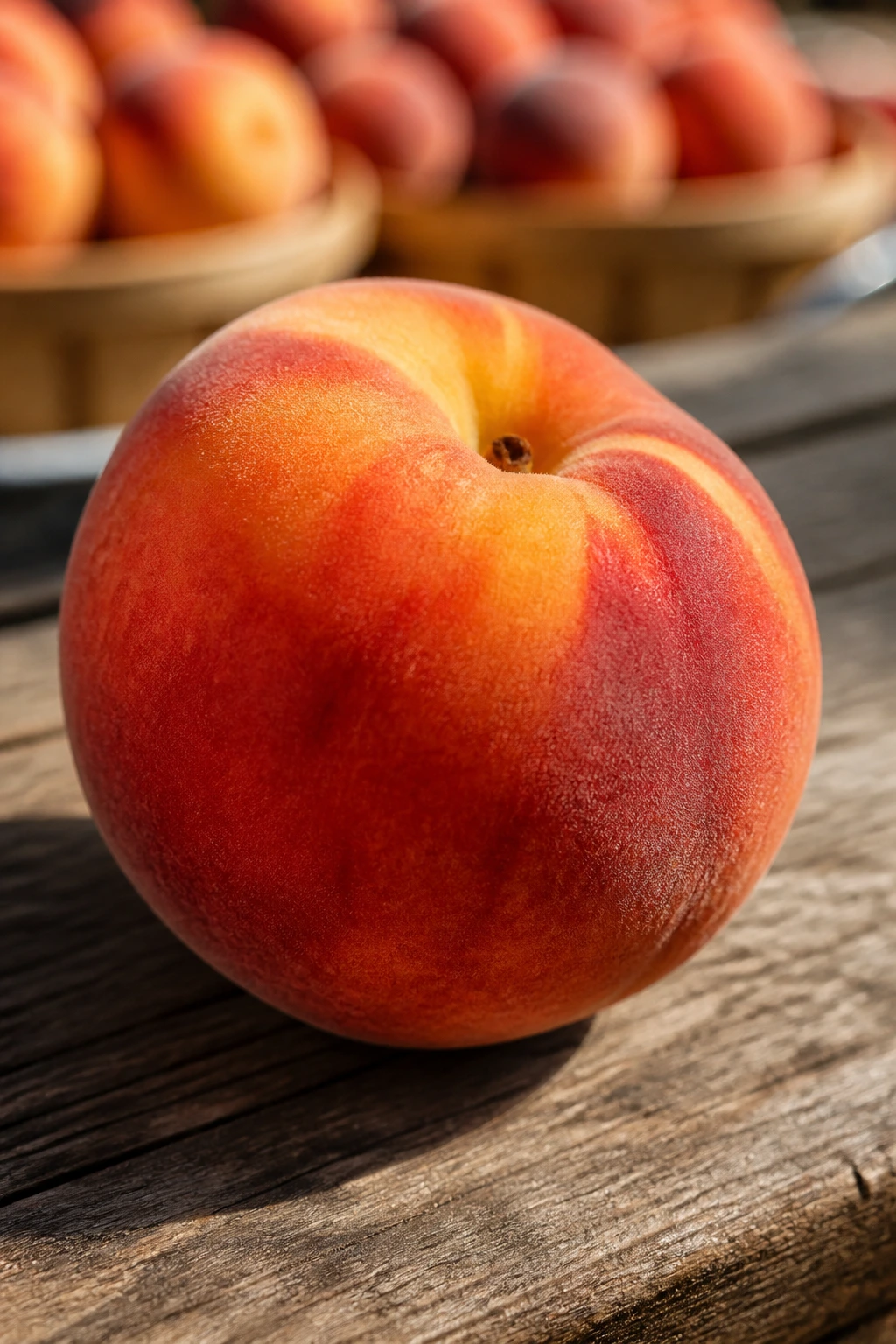 Close-up of a ripe peach on a wooden surface in warm light